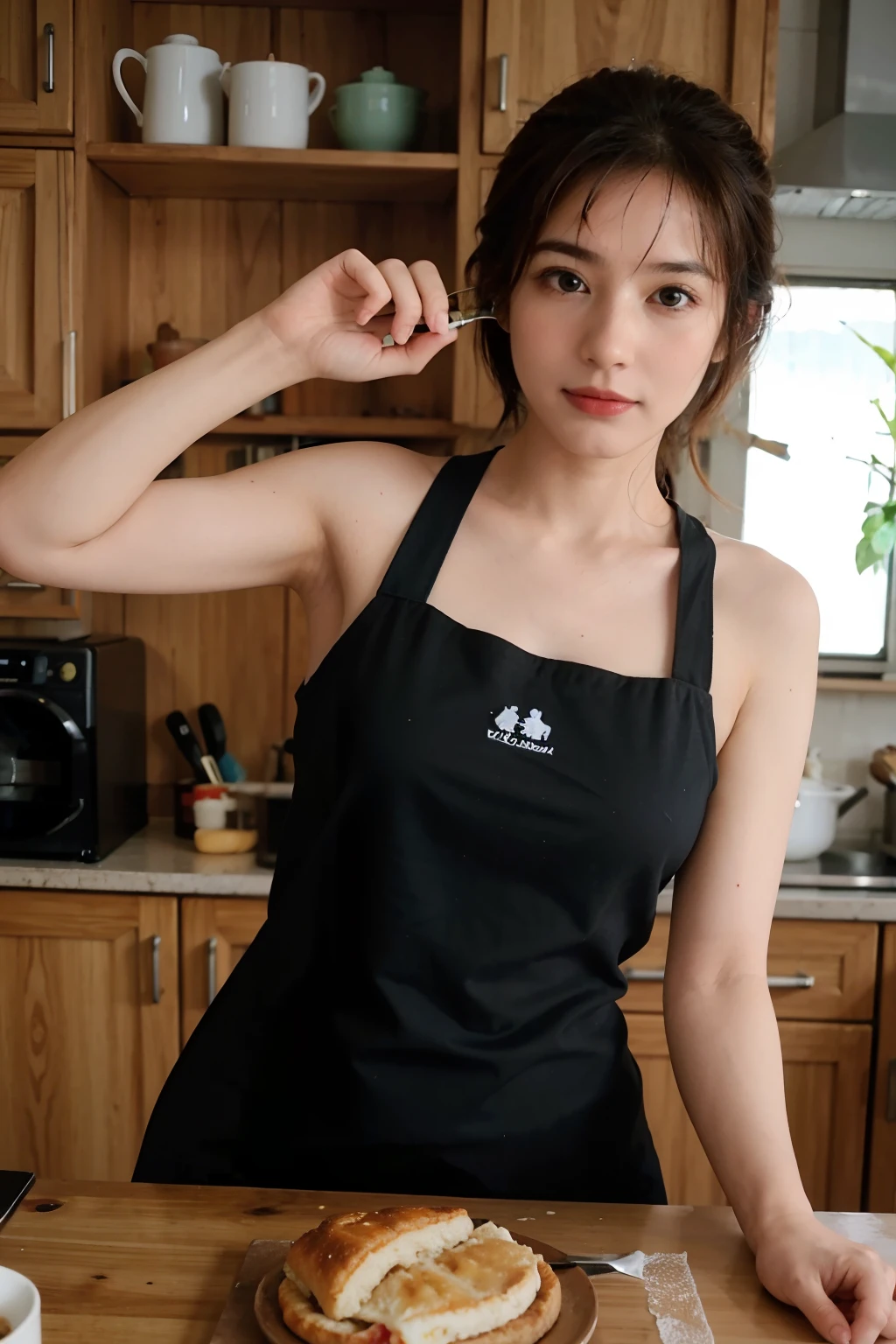 Woman is cooking, (Use um avental de cozinha: 1.3), skillful hands, 4k, high resolution, masutepiece, of the highest quality, Head: 1.3, (fotografia Hasselblad)), fine-grained skin, foco nítido, (Cinematic lighting), soft lighting, Dynamic angle, [:( detalhe do rosto: 1.2):0.2], medium breasts, (((((na cozinha)))), sorrir. Leite quebrado.