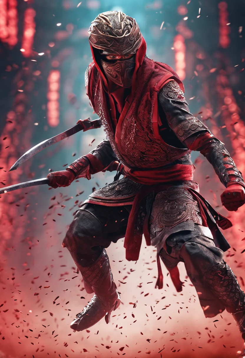 (masterpiece), (best quality), (HDR), (1boy), masculine, 8k resolution, an eternal ninja warrior with red-black armor,(fighting stance, in the middle of a jump kick:1.3), extremely detailed scales, intricate design,