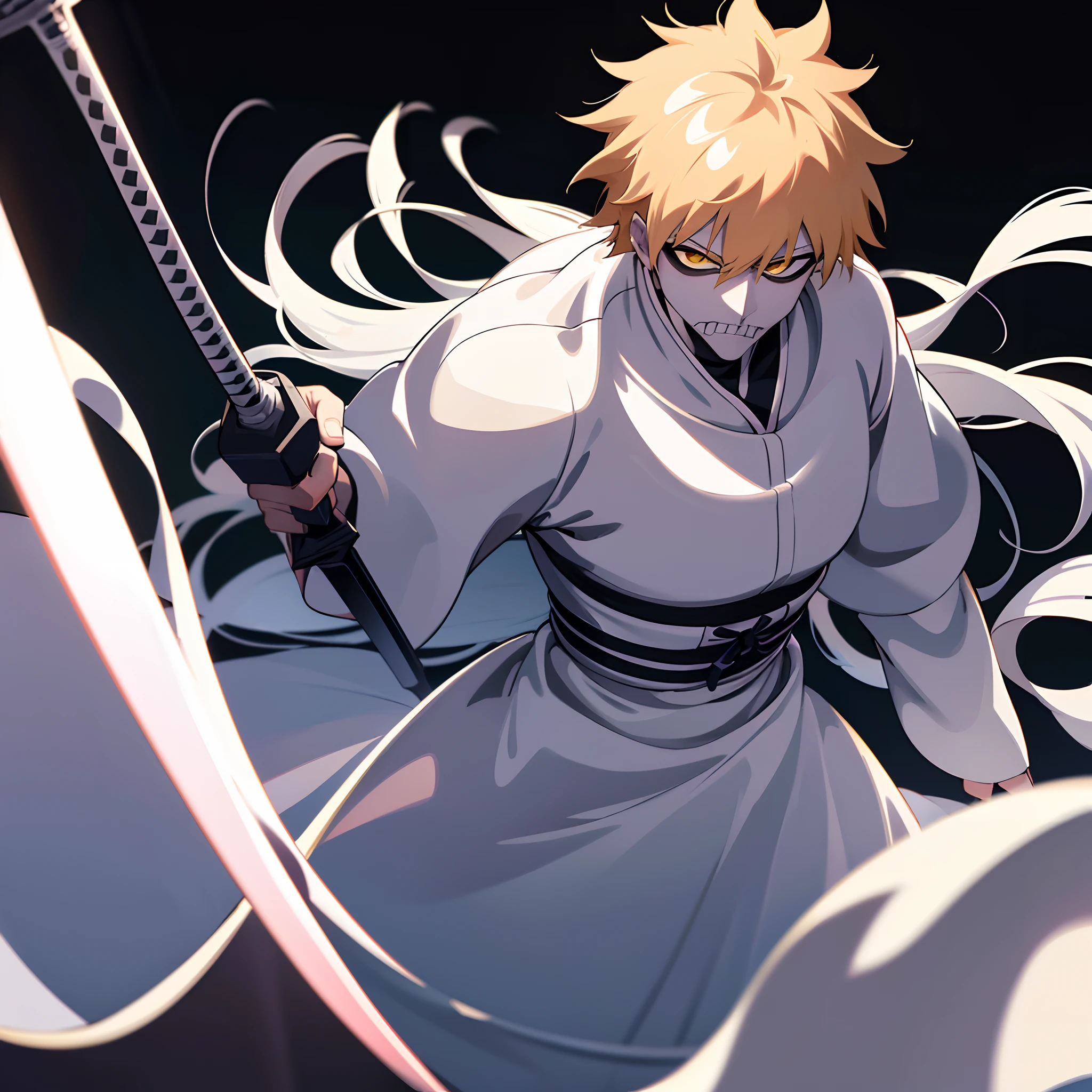 (8k wallpaper:1.2),(Ultra-high resolution:1.2),(masterpiece:1.1),wallpaper,High quality,masterpiece,(High detail),1man,(hollow Ichigo),White skin:1.2,(white spiky hair),holding a huge sword, wearing a white shinigami uniform,bleach, official art for bleach, yellow eyes, holding a huge sword,simple white background