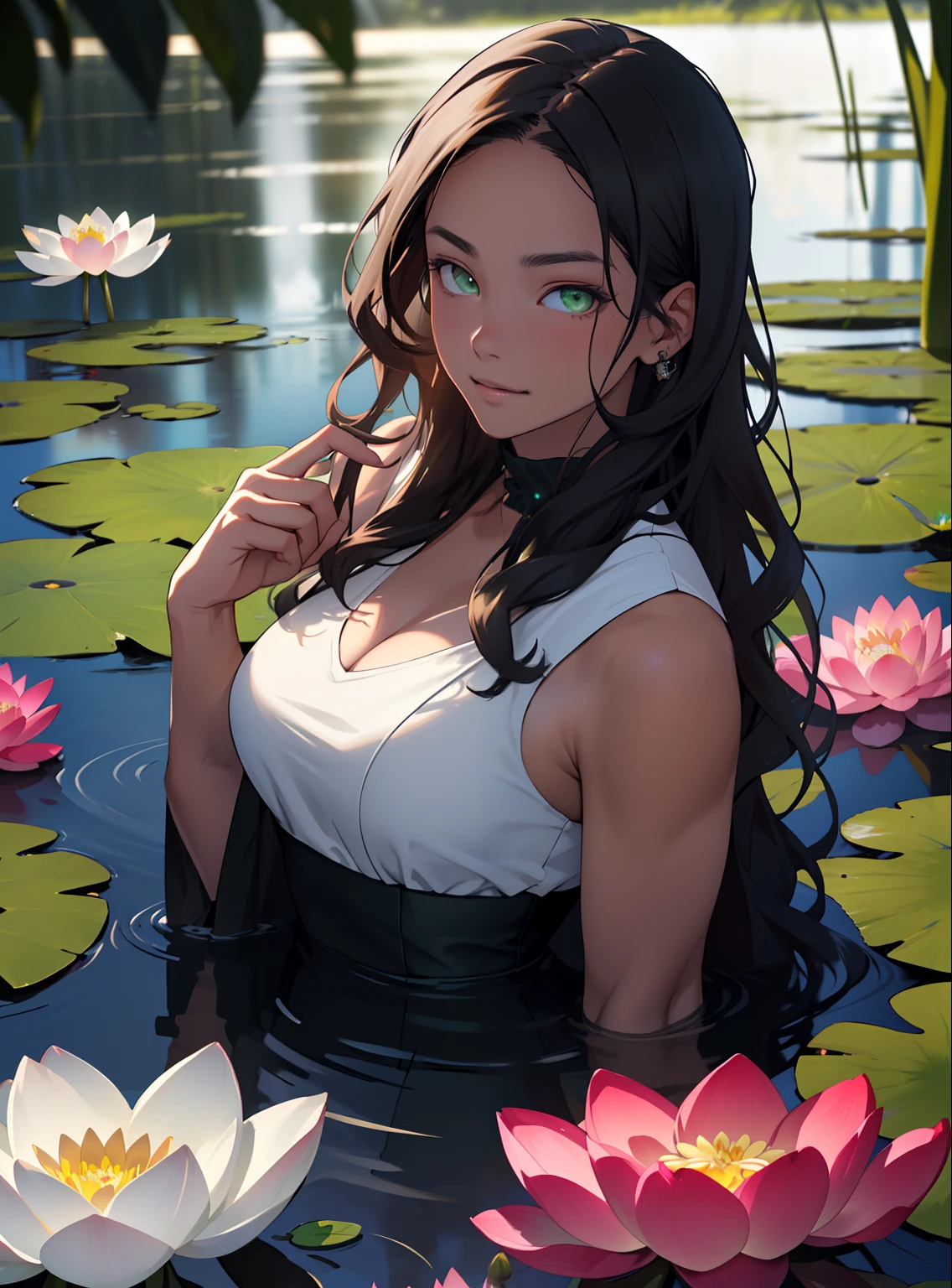 (((A young woman))), the anime, ( Green eyes), (black hair), Nice face, ssmile, the perfect body, Wavy Hair, hairlong, (((morena))), big breastes, ((tmasterpiece, beste-Qualit)), illustartion, ультра детализированная 8k, Photorealistic, sharp-focus, higly detailed, Professional lighting, colorful details, Rainbow colors, Glowing, intricate detials, Vivid details, pond, Blooming lotuses, lotus, garden, Flowers, greens