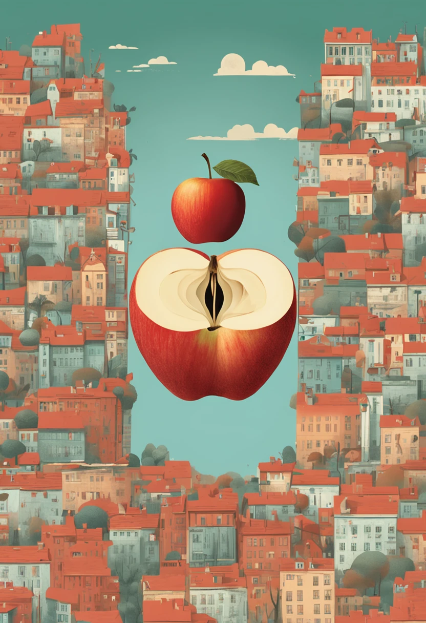 an apple sliced in half, with a city inside, closeup shot
(surreal, illustration by Alessandro Gottardo )