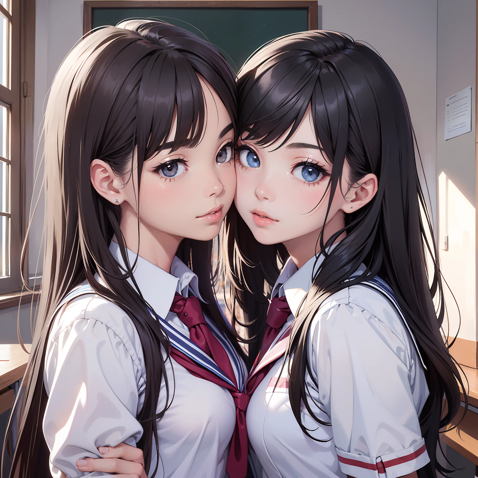 (masterpiece:1.4), two girls, kissing, school uniform, closeup, 18 years old