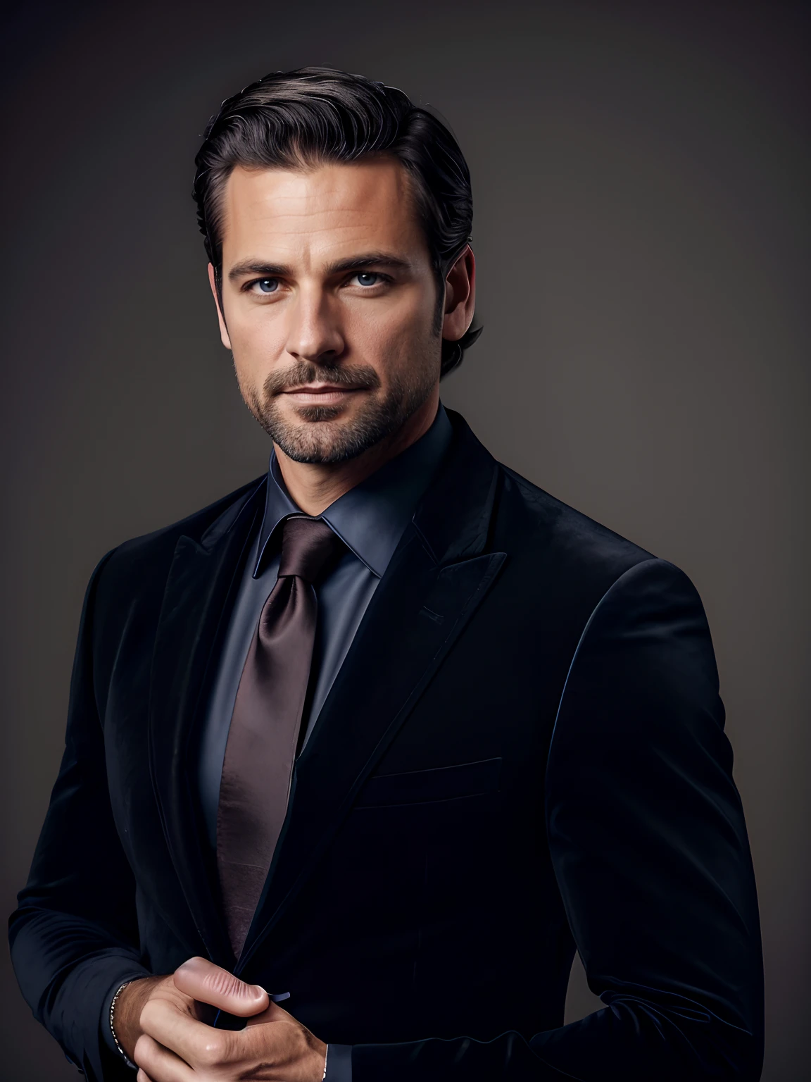 Portrait photo of a handsom man, 40 ans,cheveux courts bruns, Costume de velours noir, chemise noire, ((sans barbe et sans cravate)) , Dark blue backgroud