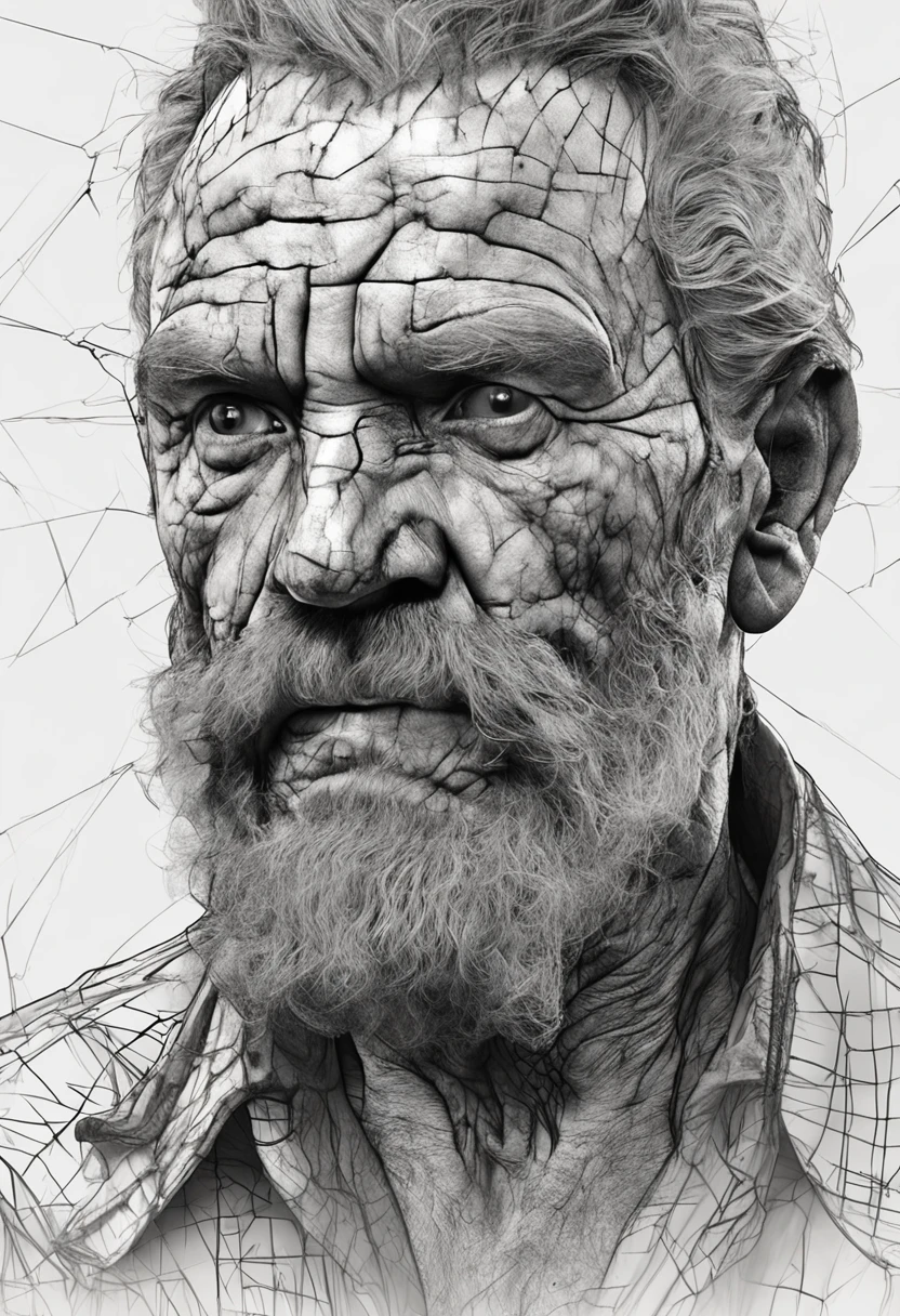 weathered, elderly man, deep creases, time-worn, weather-beaten, aged appearance, rugged jawline, thick salt-and-pepper beard, stubble, solitude etched on his face, contemplative expression, intense gaze, visible signs of a life well-lived, intricate network of scars and blemishes, intricate mechanical structures peeking through damaged skin, complex system of artificial nerves, intertwining wires and circuits, eyes filled with profound wisdom, wrinkles etched deeply, weariness evident in his features, tears glistening in his eyes, hyper-realistic portrayal, close-up view emphasizing every detail, (b&w, Monochromatic, Film Photography:1.3), Photorealistic, Hyperrealistic, Hyperdetailed, film noir, analog style, hip cocked, demure, low cut, soft lighting, subsurface scattering, realistic, heavy shadow, masterpiece, best quality, ultra realistic, 8k, golden ratio, Intricate, High Detail, film photography, soft focus