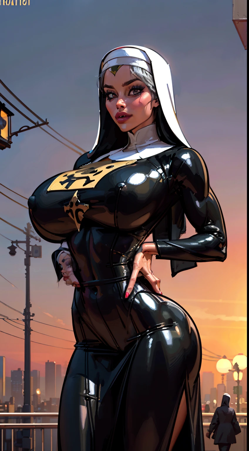 ((Cowboy shot:1.4)) 1 Same Girl , Perfect Beautiful , robot Face , ((metallic woman)),( metallic android , long red Hair , ((Black Gothic Nun Dress)), Athletic Body , ((gigantic breasts:1.2)) Extreme Detailed Portrait With Bokeh Effect , ((silver skin))Realistic Lighting , Night Street View , Dark Vibe , Crowd , Gothic Makeup , Posing Like a Model , Look at Viewer, cool lighting, blue street lamp light((sunset ambiance light:1.0))
