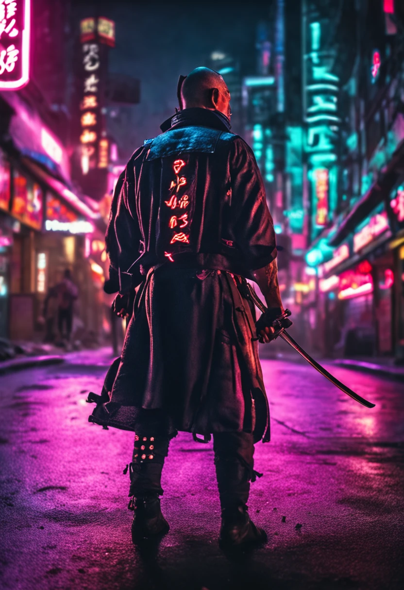 cinematic photo of a cyberpunk street samurai, neon tattoos illuminating his skin, wielding a plasma katana in the bustling underbelly of Neo-Tokyo. The scene should buzz with energy, beautiful, close up, dslr, 8k, 4k, ultrarealistic, realistic, natural skin, textured skin