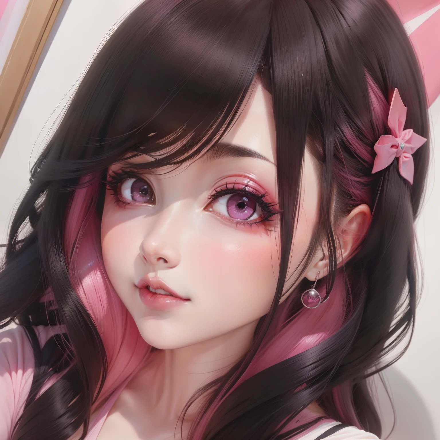 Garota fazendo uma selfie , realistic anime style, detalhes delicados e fofos, brilhos nos olhos e boca, lindo cabelo preto ao vento, sala pink  neon, lollipop em detalhe, imagem fofa e kawai