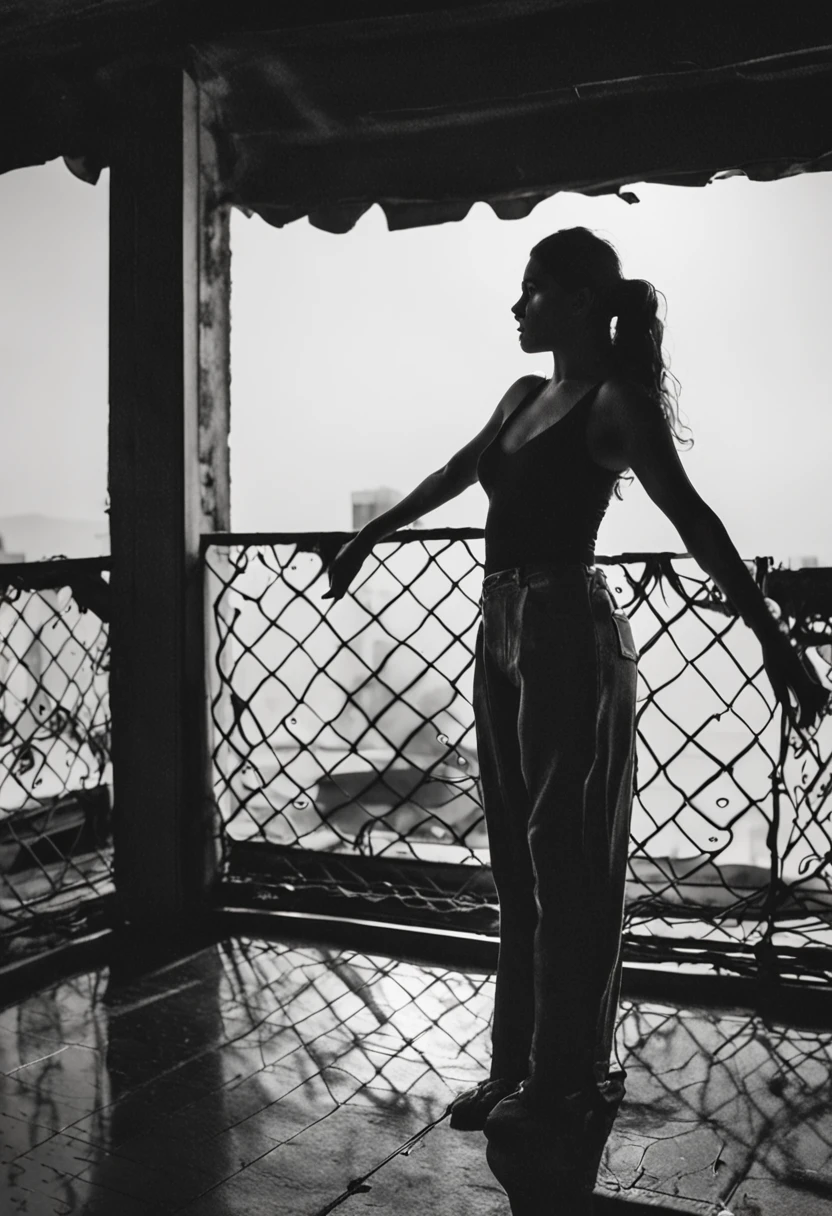 Deep photo, depth of field, ferrania p30 film, shadows, photo of a gorgeous girl standing on a balcony, Silhouette, messy bun hair, dynamic pose, nighttime, sexy, dimly lit, b&w, instagram model, crushed blacks