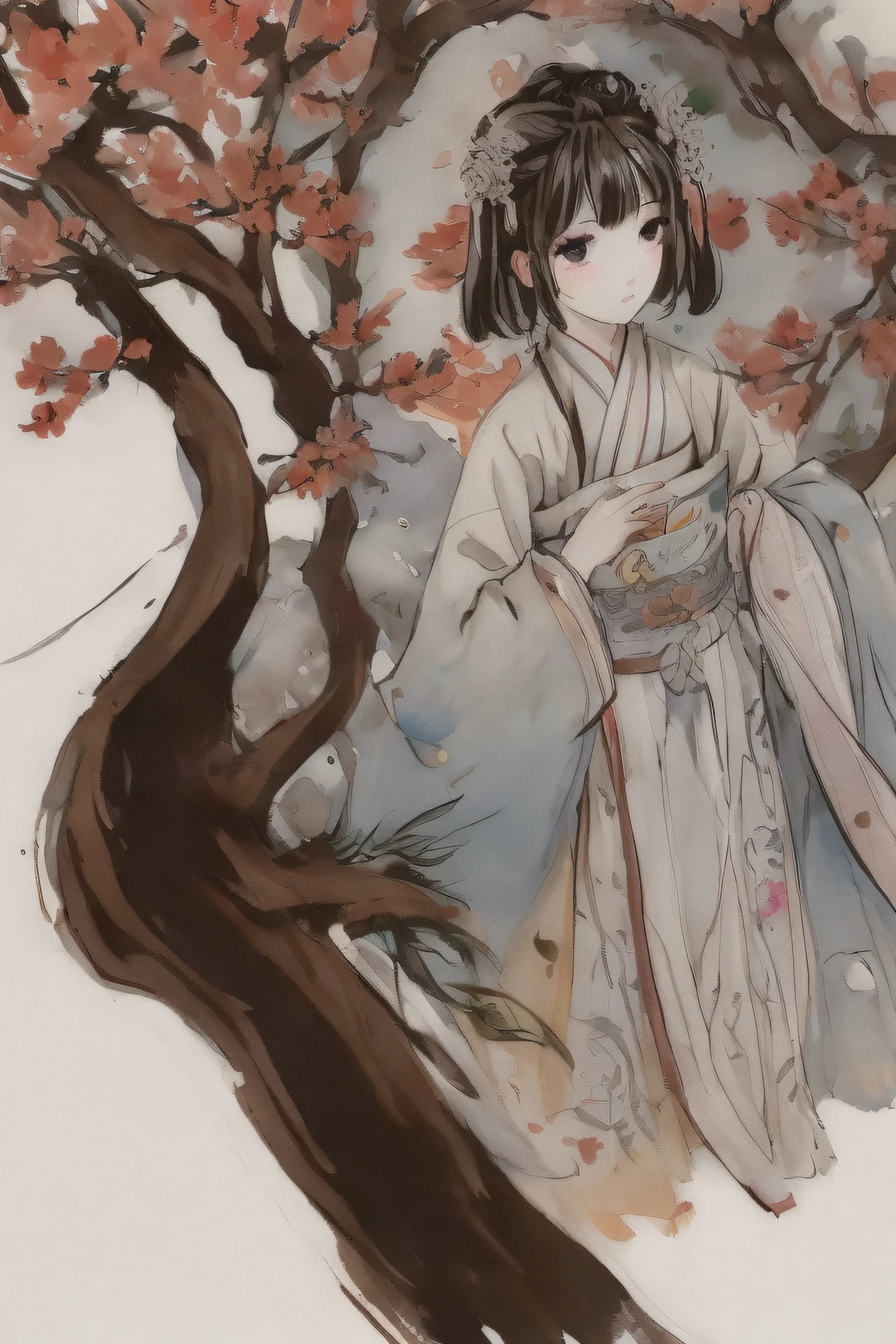 shuimobysim, (white background:1.4), ((tachi-e)), original,(illustration:1.1),(best quality),(masterpiece:1.1),(extremely detailed CG unity 8k wallpaper:1.1), (colorful:0.9),(panorama shot:1.4),(full body:1.05),(solo:1.2), (ink splashing),(color splashing),((watercolor)), clear sharp focus,{ 1girl standing },((chinese style )),(flowers,woods),outdoors,rocks, looking at viewer, make happy expressions,soft smile,pure,beautyfull detailed face and eyes,beautyfull intricacy clothing decorative pattern details, black hair,black eyes,