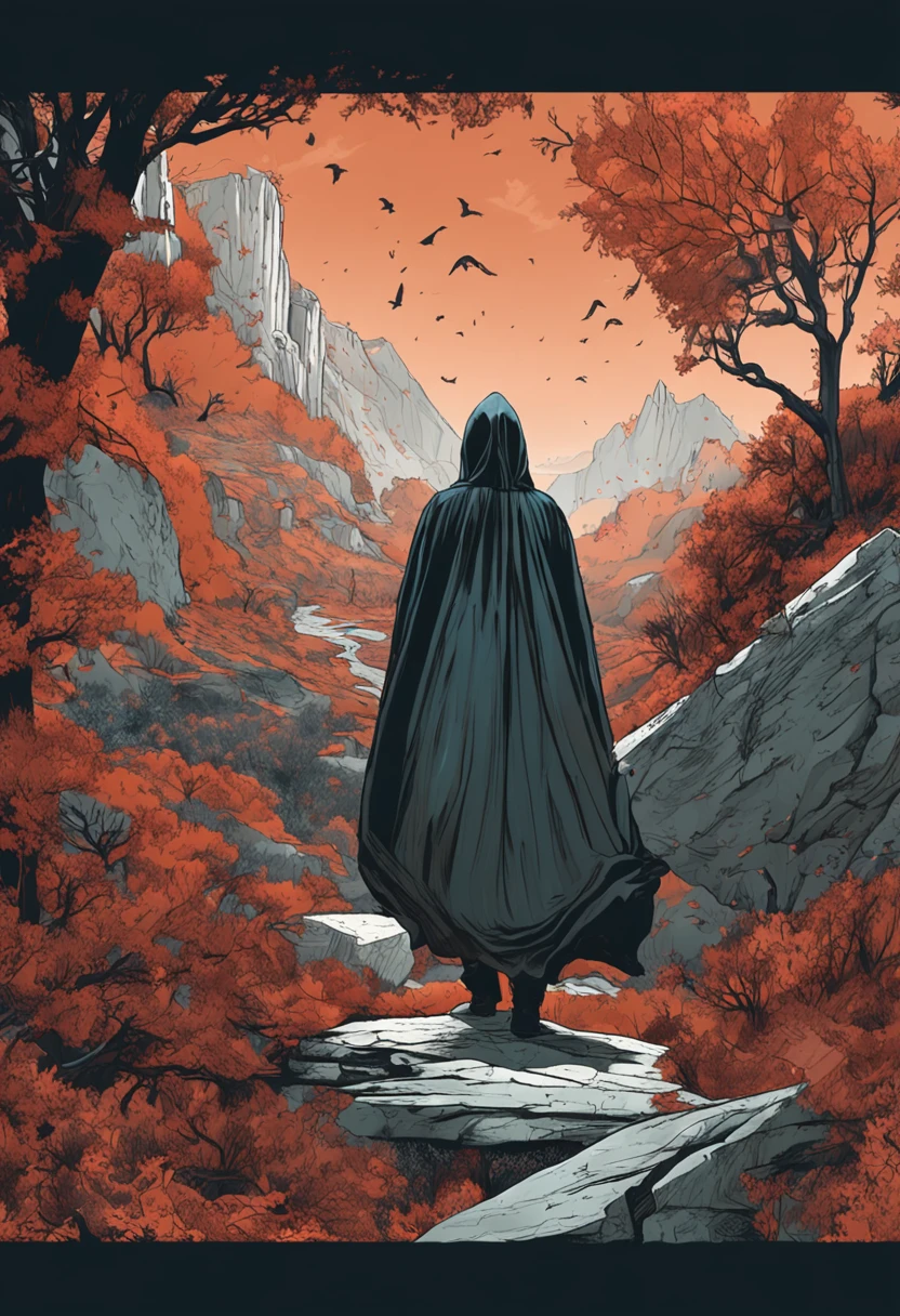 masterpiece, best quality, ultra high res, beautiful, visually stunning, elegant, incredible details, award-winning art, g0s1, ghost, hood, torn cloak, faceless, torn fabric, no humans, floating, horror \(theme\), scenery, landscape, outdoors,