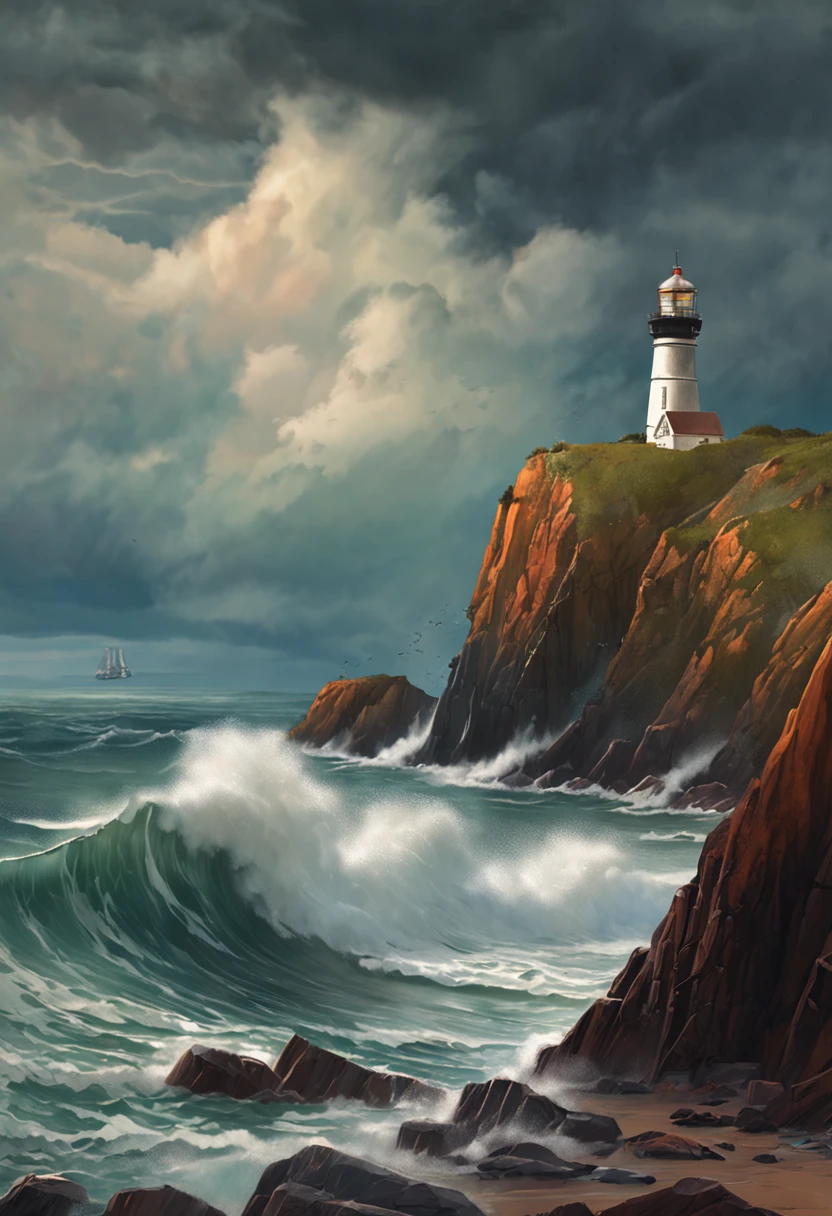 bob ross, a painting of a ocean cliffside with distant lighthouse, stormy clouds, rain, stormy waves, landscape