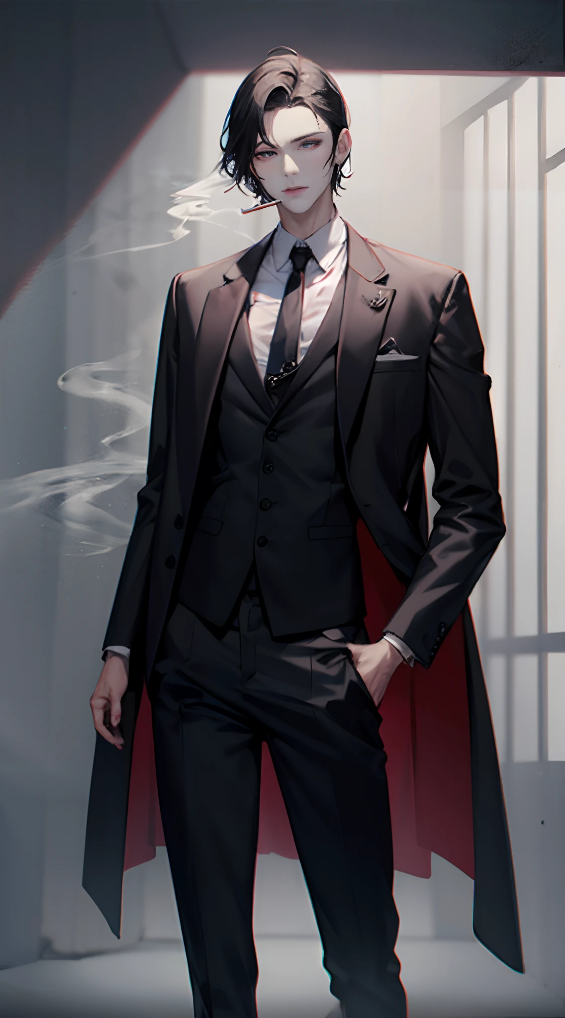 there is a man in a suit and tie standing in a room, usando smoking, terno escuro, vestindo um terno nobre preto, usando um smoking, vestido com terno antigo, androgynous vampire, smoking, inspirado em Yamagata Hiro, arte digital de um elegante, Neo Estilo Preto, Estilo de Kilian Eng, he is wearing a suit, vampiro macho