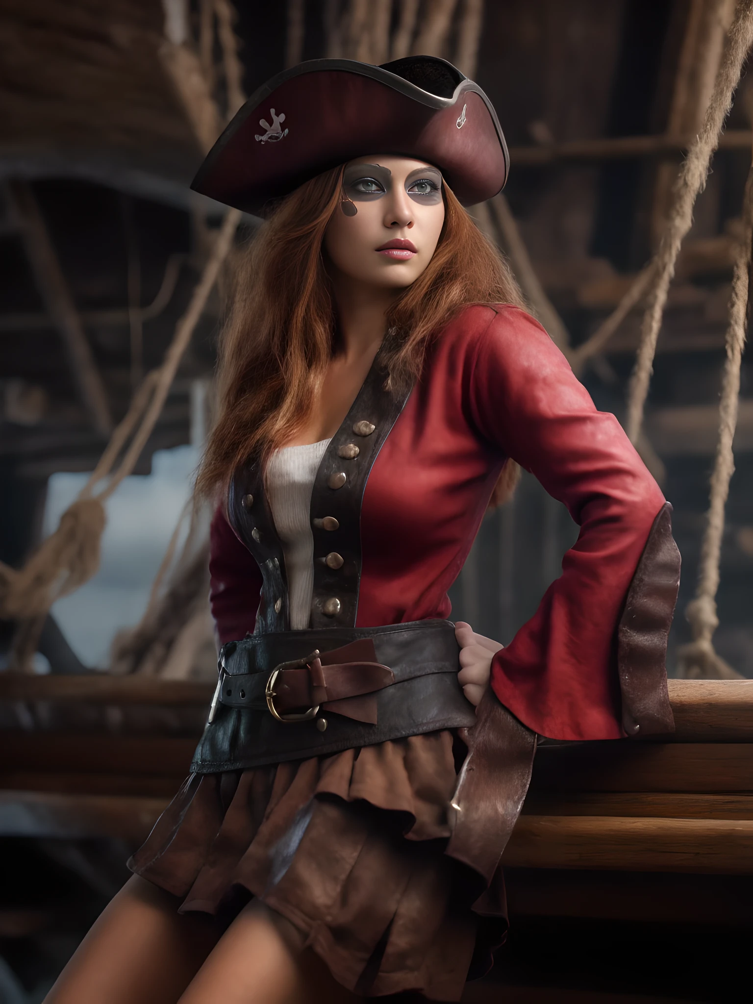 masterpiece, best quality, pirate woman with black left eye patch, wearing upper part of body with pirate outfit made of brown leather with white and black trims (inspired by red beard), lower part wearing dark red fabric skirt and wearing pantyhose, with right leg made of wood and peg leg, high level of detail, posing standing inside an old wooden ship, highly detailed, detailed face, fully shot, full focus, hyper natural, digital art, cinematic poster, luminism, extreme detail, showing in 4k format, complex, epic, staged rendering of the character, super high quality model, amazing, epic , HiRes render, 4k, 8k