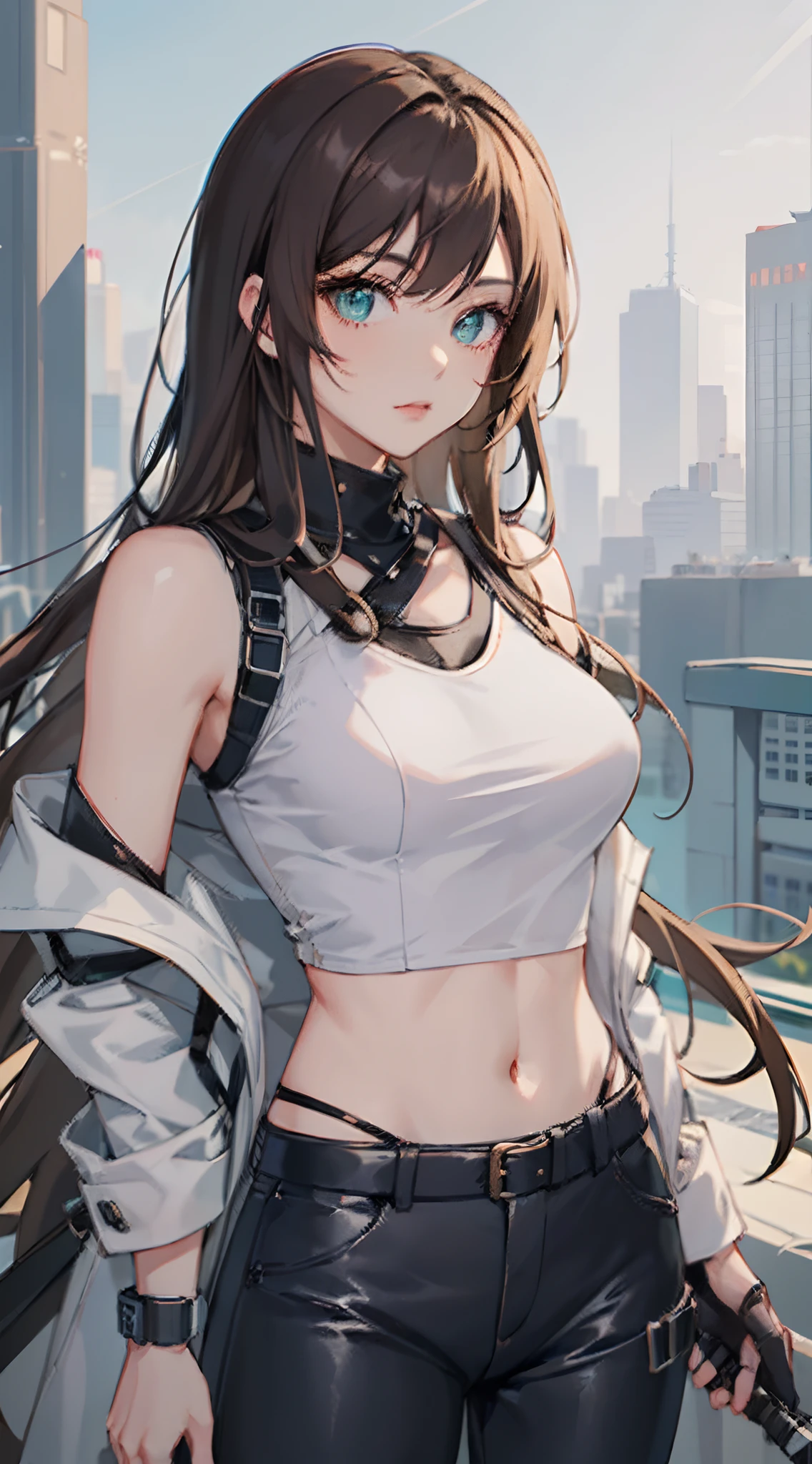 Anime girl with long hair and a white shirt and black pants, detalhes finos. s da linha de frente, de meninainha de frente, de arknights, meninas estiha de frente, kantai collection style, Meninas da linha dte cg, meninas da linha de frenrota anime cyberpunk, Universo Girls Frontline, cintura para cima retrato, Retrato de Tifa Lockhart, Menina anime com cabelo longo,Kuvshinov com cabelo longo
