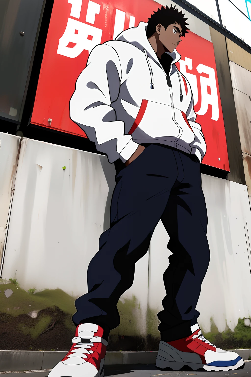 ((arte estilo anime)), imagem superior, angulo de cima para baixo, personagem masculino extremamente musculoso, corpo de bodybuilder, wearing a long-sleeved blouse with hood covering the head, Character is leaning against a wall with his hands in his pockets, Scenery of the Urban Center, rua movimentada, constructions, pessoas e veiculos. Personagem protagonista de anime, imagem bonita, disco Rigido, 4k, Protagonist character leaning against a wall with his hands in his pockets, (((imagem angulo superior)))