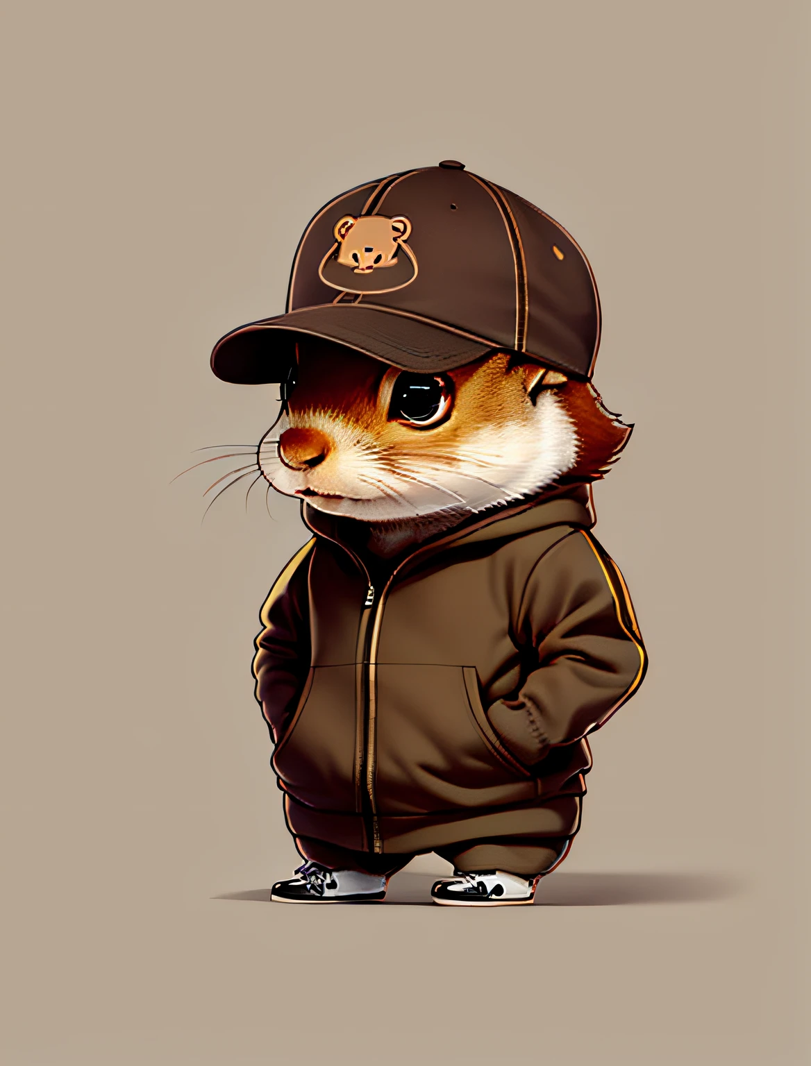 High-resolution squirrel, best aesthetics, High-quality representation of white sneakers on the feet, put on a brown hooded sweatshirt, flat avatar, Cute squirrels anime visuals, cute art style, Chibi, hands in pockets, shy, serious, bored, simple background, fitness clothes, bored big oval eyes,