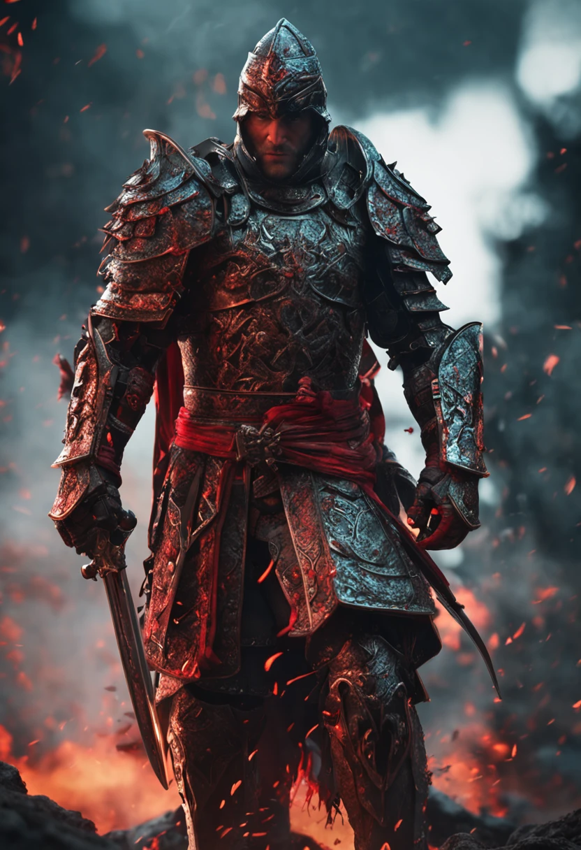 (masterpiece), (best quality), (HDR), (1biy), masculine, 8k resolution, an eternal warrior with red-black armor, extremely detailed scales, intricate design, holding sword