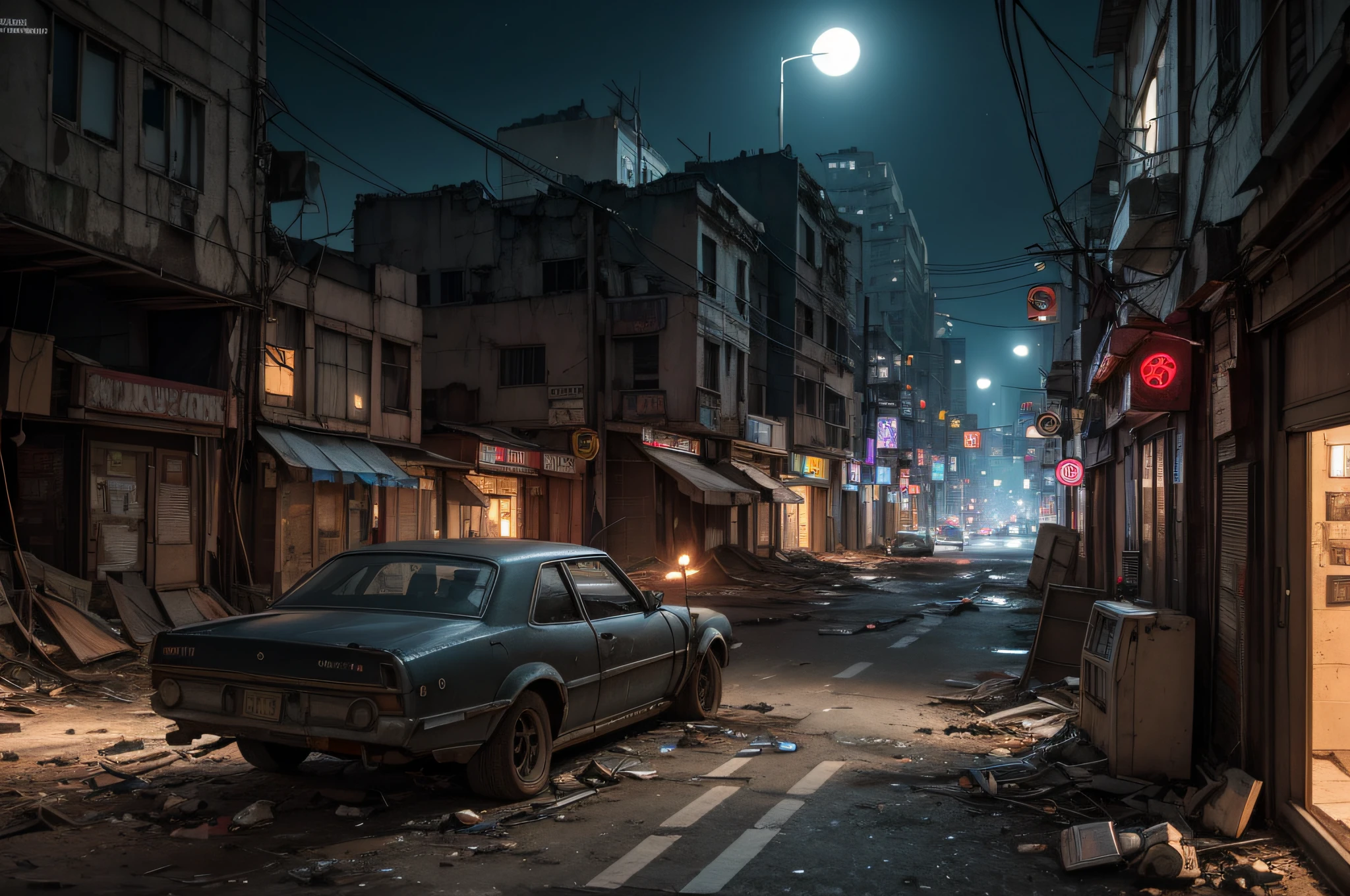 masterpiece, Create post-apocalyptic scenarios, run-down cities, cyberpunk cities from sci-fi movies, empty streets, night, circuit boards, wires, intricate, super detailed, realistic, super realistic, high quality, best, super detailed, crazy detail, very detailed, photorealistic, 8k