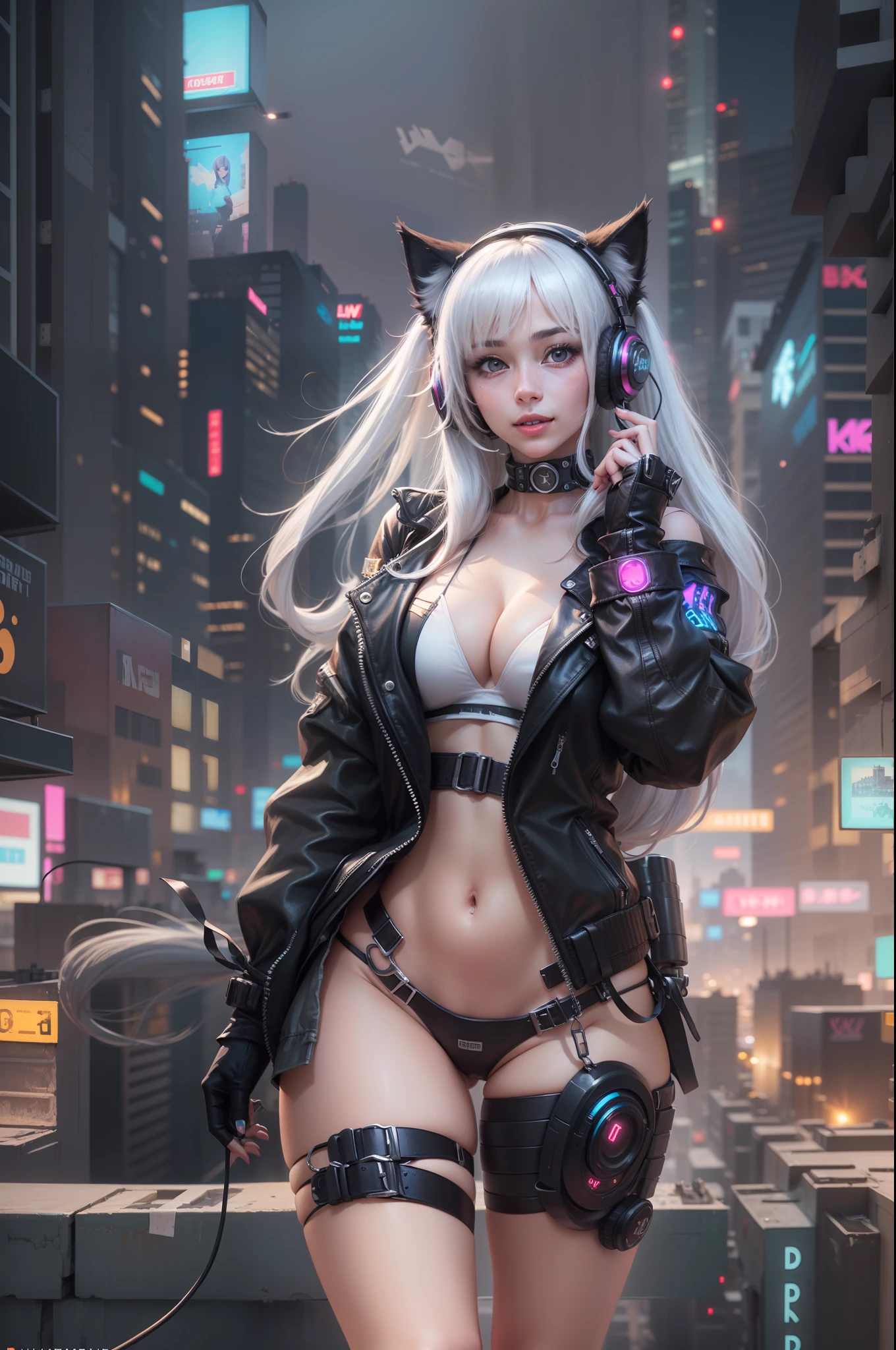 (RAW photo, best quality, masterpiece:1.2), (realistic, photo-realistic:1.4),(masterpiece:1.4),(best quality:1.4),  ((sexy cyberpunk catgirl)) solo, :d, (headphones), bangs, blush, BDSM body harness, huge breasts, dynamic pose, cowboy shot, (((cyberpunk city streets background))), hair intakes, headphones, long hair, looking at viewer, sidelocks, smile, (((thigh gap))), thighs, twintails, very long hair, white hair,alice \(nikke\),(shiny skin),realistic.
