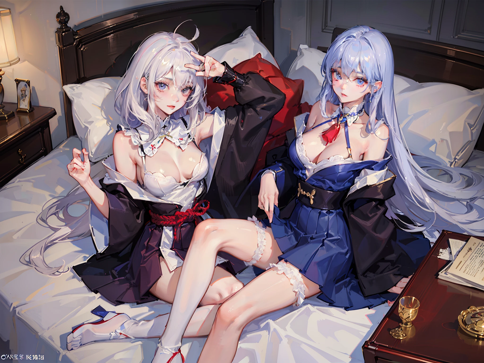 ((top-quality、8K、Manhwa Style:1.4、tmasterpiece,2P,onbed,Pubic hair shows through,full bodyesbian,))、back Lighting,Beautiful Japanese woman、18yr old、white stockings、with short white hair、Ultra-delicate skin、Beautiful production...