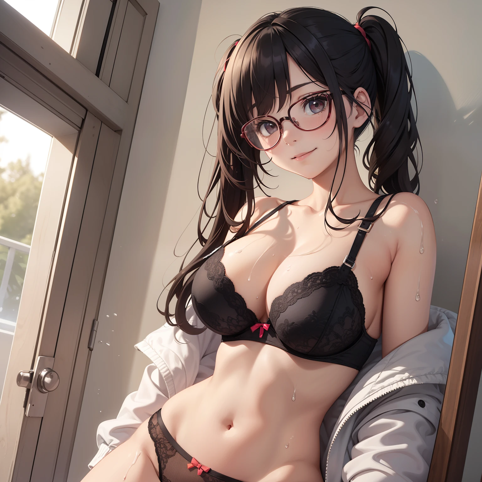 One girl, naughty pose, gentle face, in the middle of taking off clothes, in underwear, wet and sheer, cute bra, showing off the crotch, hands on the crotch, clear liquid leaking from the crotch, cute underwear, long bangs, smiling girl, , big breasts, black hair pigtails, black hair, brooding, glasses, chubby,, red cheeks,