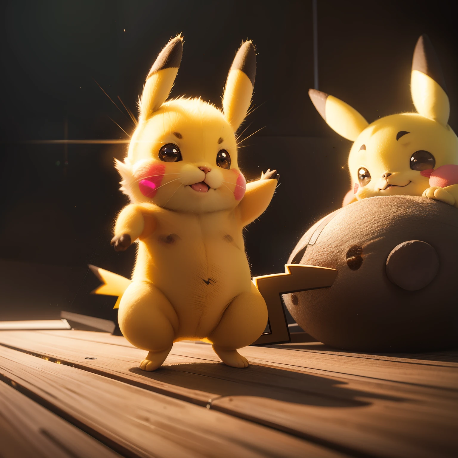 A cute realistic Pikachu, souris, Electric atmosphere, 8k resolution, hyperdetailed, volumeric lighting, intricate high detail, composition parfaite, beau, hyperrealism, fantaisie, mignon, herbe, pokemon, photorealism