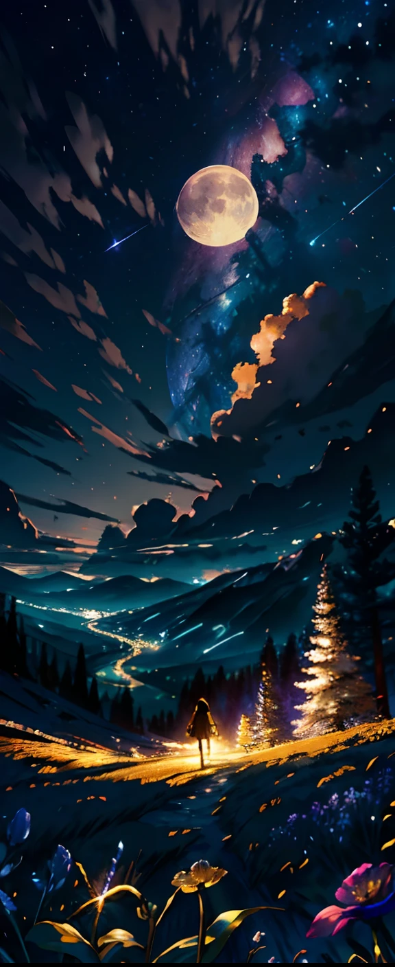 Expansive landscape photograph, (view from below with a view of the sky and the wilderness below), little girl standing in a flower field looking up, (full moon: 1.2), (shooting star: 0.9), (nebula: 1.3), distant mountain, tree break production art, (warm light source: 1.2), (firefly: 1.2), lamp, purple and orange, intricate detail, volume lighting BREAK (masterpiece: 1.2), (highest quality ), 4k, ultra-detailed, (dynamic configuration: 1.4), highly detailed and colorful details (iridescent: 1.2), (sparkling lighting, atmospheric lighting), dreamy, magical, (solo: 1.2)
