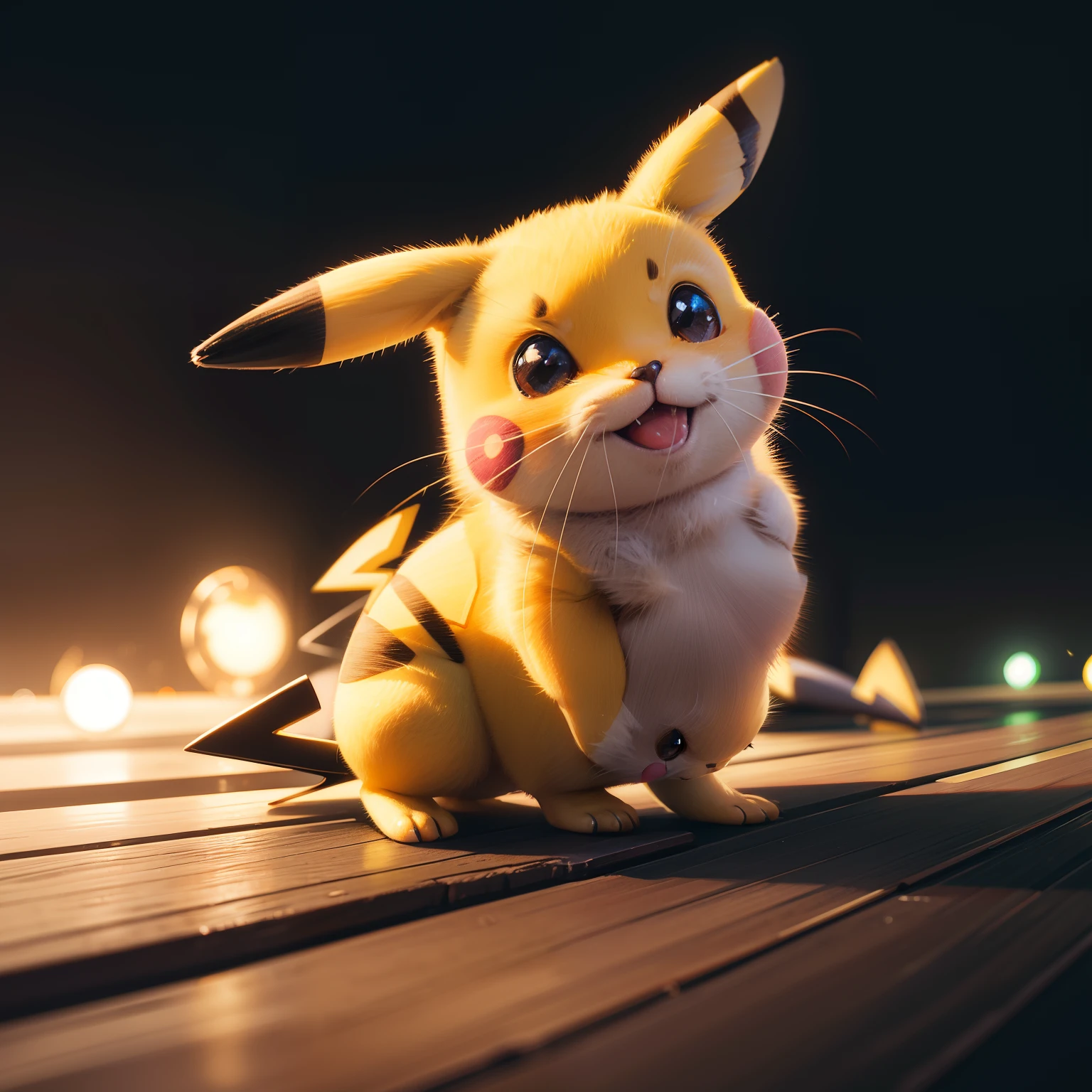 A cute realistic Pikachu, souris, Electric atmosphere, 8k resolution, hyperdetailed, volumeric lighting, intricate high detail, composition parfaite, beau, hyperrealism, fantaisie, mignon, herbe, pokemon, photorealism