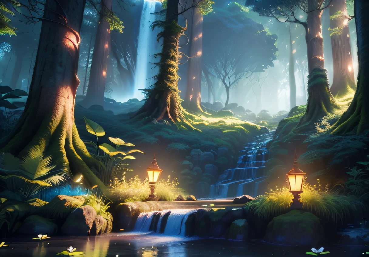 a forest with a waterfall and a stream surrounded by trees, magical forest backround, magical atmosphere, arte de fundo, magic fantasy forest, ambiente florestal de fantasia, enchanted magical fantasy forest, Unreal Engine Arte de fantasia, anime exuberante john 8k madeiras, enchanted and magic forest, floresta da fantasia, magical forest, paisagem da floresta da fantasia, magical forest background, 8k arte detalhada de alta qualidade