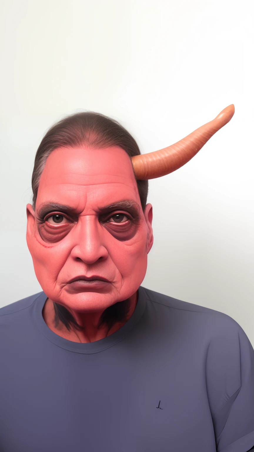 There is a demon man and a hand on his head, horns on head, pessoa carnuda com membros extras,  face deformada, testa grande, rosto humano real com pele, two horns on the head, retrato do rosto do homem nervurado, horns on head, rosto e corpo extremamente detalhados.  Vestido com terno preto. Fundo escuro e sinistros. Por roger ballen .