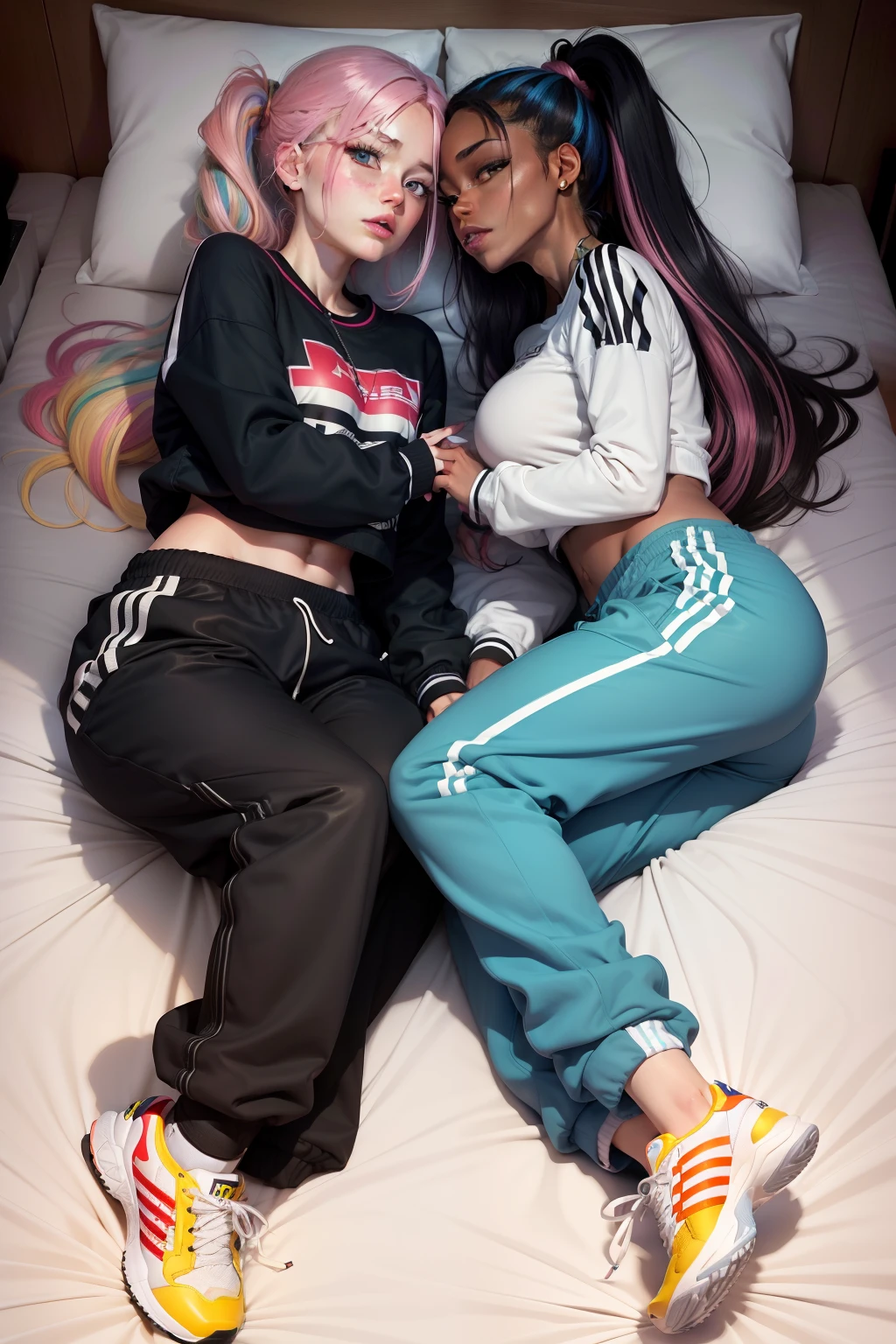 Women kissing and lying in bed wearing Adidas Baggy pants, cabelos multicoloridos, olhos multicoloridos, anatomia correta, preciso, Super Detalhe, melhor qualidade, pele texturizada, retina correta, Eye correction, beijo realista, corpo inteiro, estilo anime