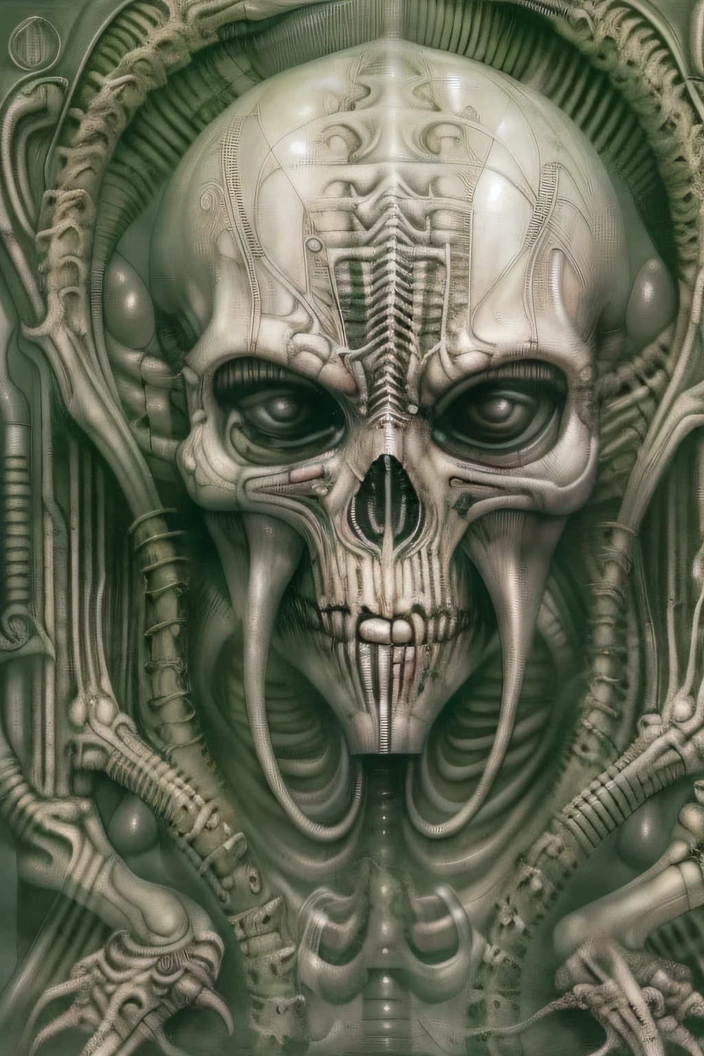 hyper realistic full shot photograph of a hrgiger ( creature:1.4), (telegenic, alienated, masterful:1.4), poster art, bold lines, hyper detailed, expressive, award winning, (intricate details, masterpiece, best quality:1.4)