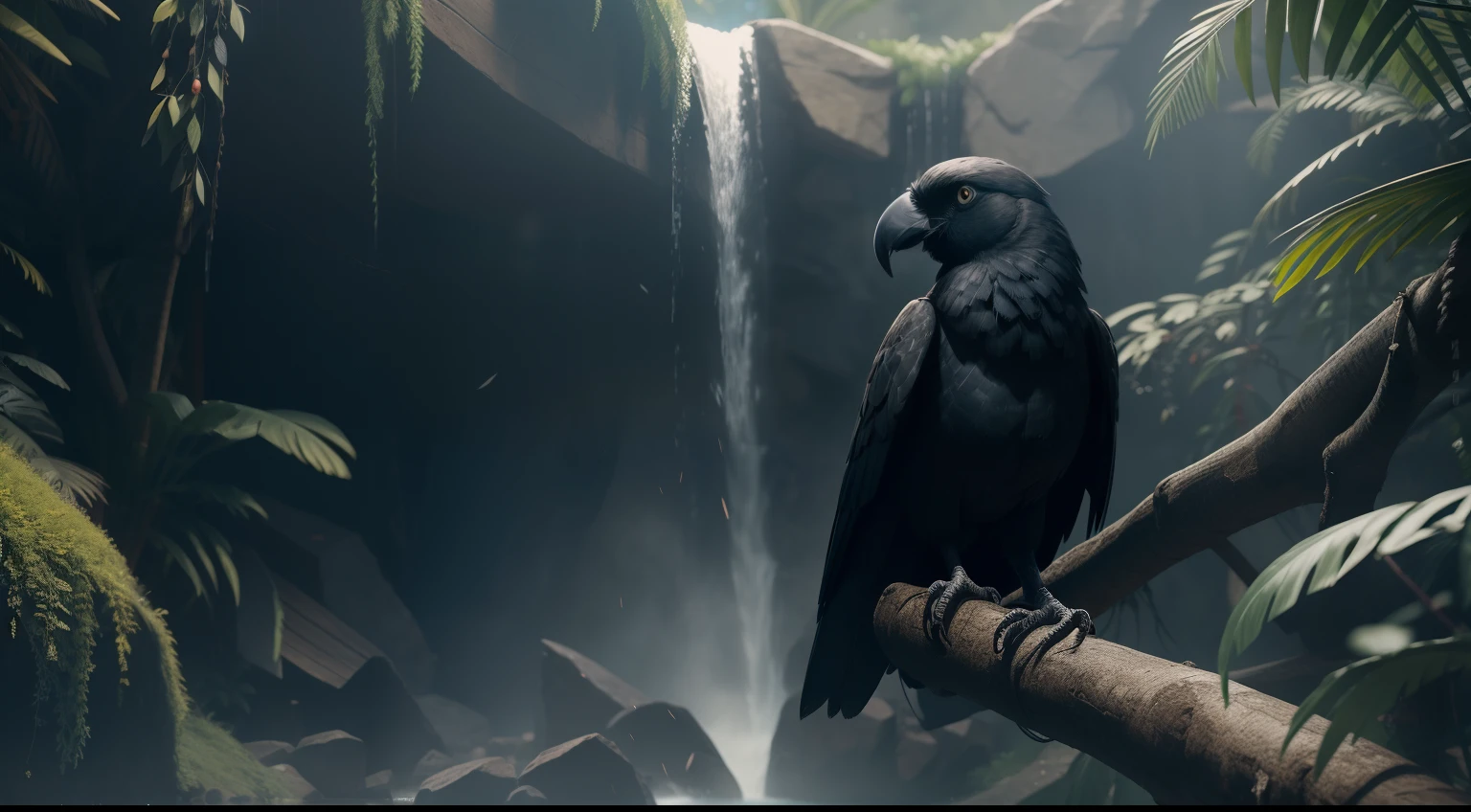 There is an all-black crow and a colorful parrot sitting on a branch near a waterfall,, Textura altamente detalhada 8K, 8k texturizado altamente detalhado, cinematic highly detailed, detailed cinematic render, cinematic 3d render, realistic cinematic shot, cena altamente detalhada, hiperreal altamente detalhado 8 k, cinematic realistic photo, 3d render highly detailed, 3d render highly detailed, photorealistic cinematic render