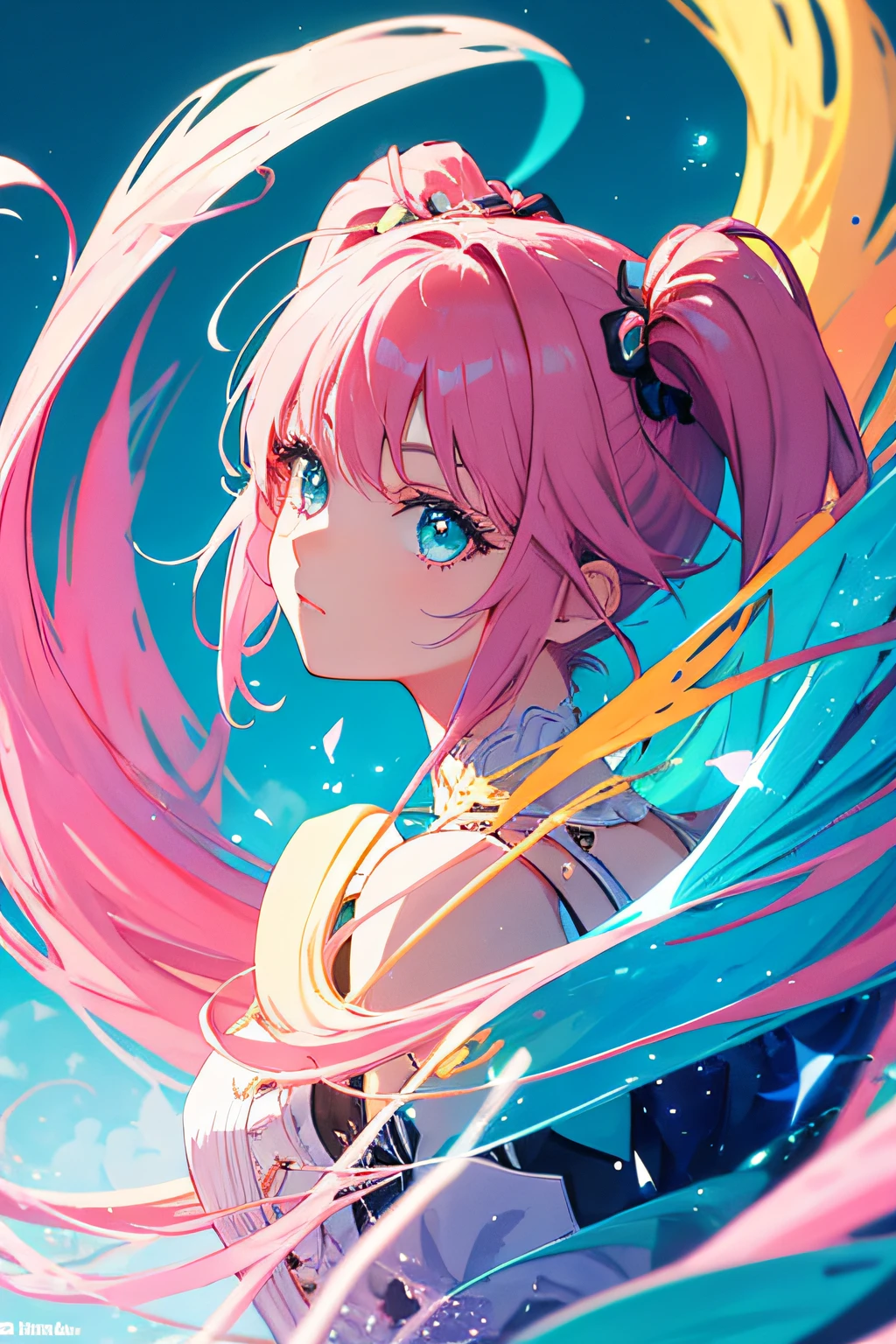 masterpiece,beautiful,1girl,pink hair,teal eyes,pigtails,light particles, light rays, wallpaper, high contrast, colorful,
