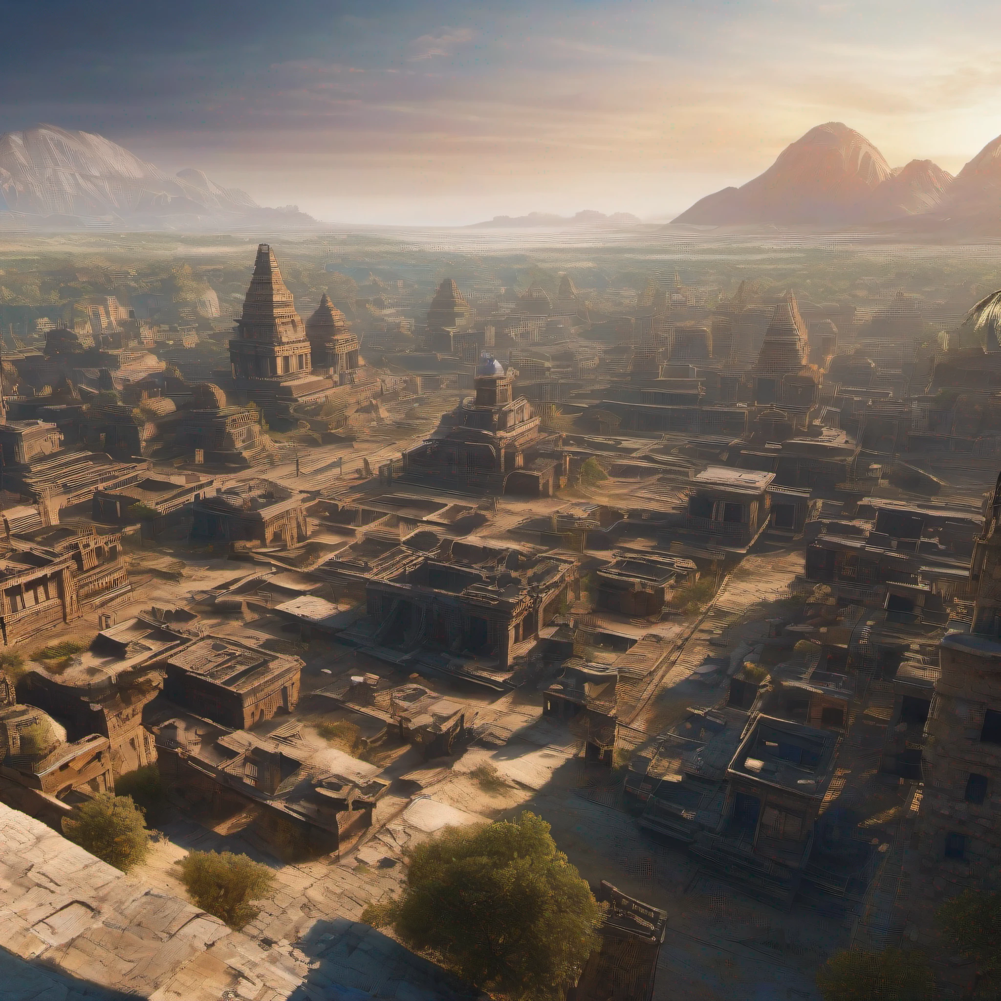 Maya, masterpiece, best quality, ultra-sharp, ultra-detailed, abandoned planet, abandoned the Earth, ghost town, ghost planet, no human background, ruined city, melt down, wide angle, from above, ((Traces of civilization existing there)),