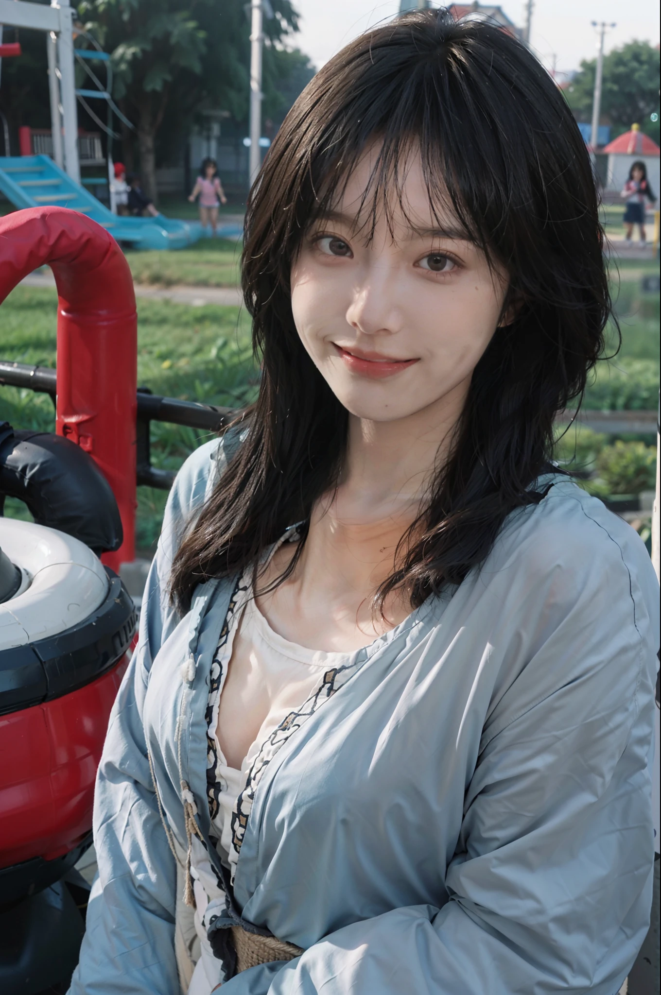 8K,best qualtiy,tmasterpiece,超高分辨率,(真实感:1.4),RAW photogr,(True skin texture:1.3),(filmgrain:1.9),(Selfie angle),1个Giant Breast Girl,Smile Expression,Beautiful eye and face details,tmasterpiece,Best quality at best,closeup cleavage,Children's wear,In the playground
