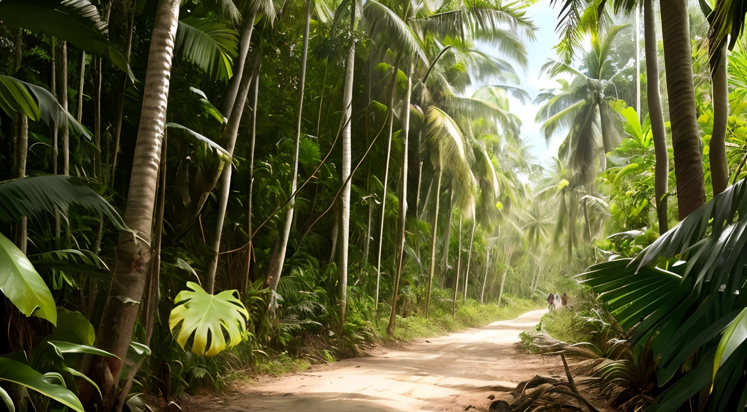 There is a dirt road that is surrounded by palm trees, Coqueiros, em uma floresta tropical, Coqueiros, the palms come from the ground, paisagem tropical, na madeira tropical, tropical location, floresta tropical, Thailand, Paisagem do Sri Lanka, tropical trees, Sri Lanka, clima tropical, atmosfera tropical, no caminho da selva da floresta, palmeiras tropicais, malaysia jungle