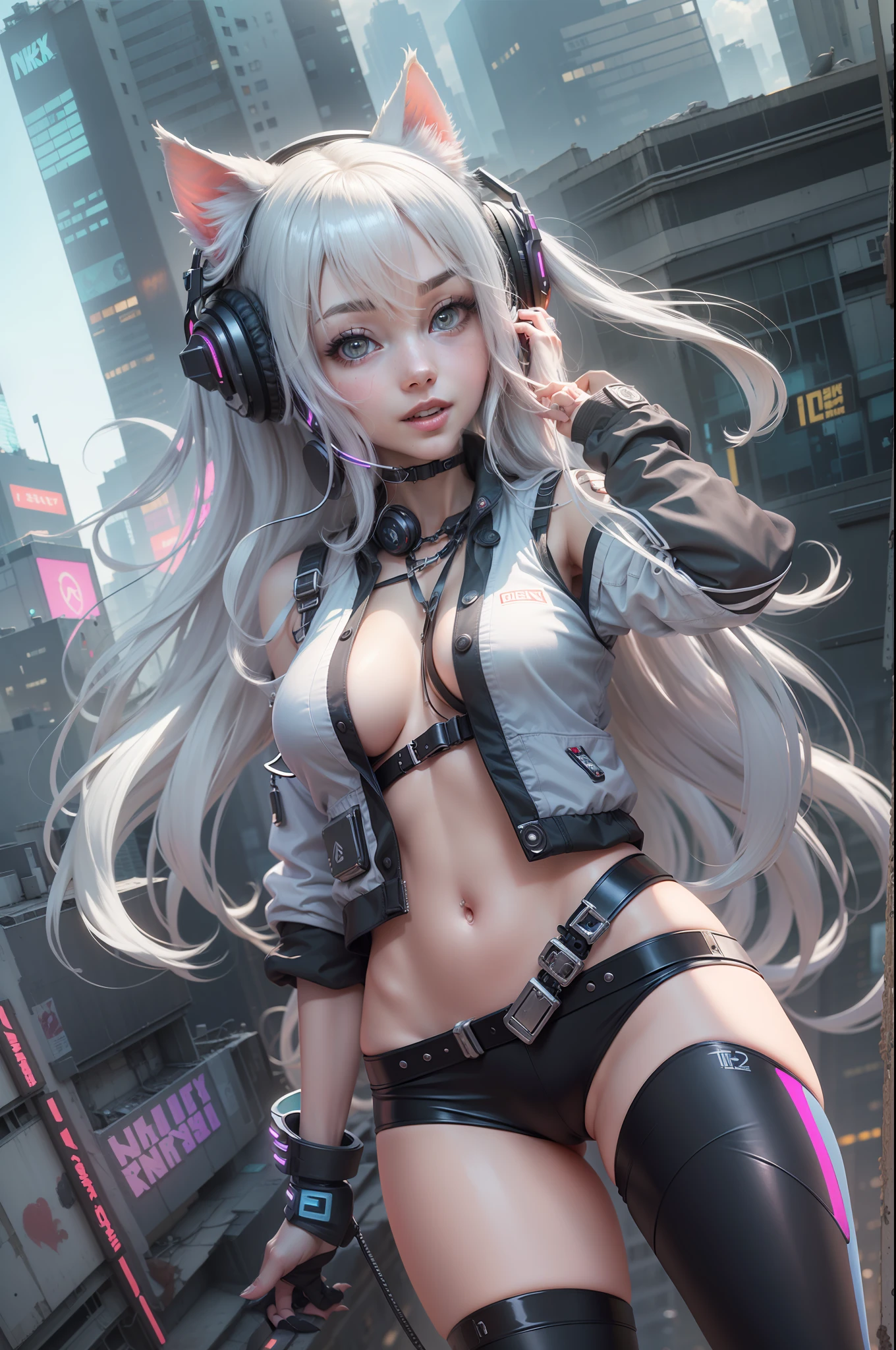 (RAW photo, best quality, masterpiece:1.2), (realistic, photo-realistic:1.4),(masterpiece:1.4),(best quality:1.4), ((sexy cyberpunk catgirl)) solo, :d, (headphones), bangs, blush, BDSM body harness, huge breasts, dynamic pose, cowboy shot, (((cyberpunk city streets background))), hair intakes, headphones, long hair, looking at viewer, sidelocks, smile, (((thigh gap))), thighs, twintails, very long hair, white hair,alice \(nikke\),(shiny skin),realistic.
