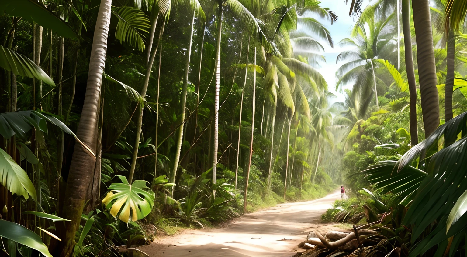 There is a dirt road that is surrounded by palm trees, Coqueiros, em uma floresta tropical, Coqueiros, the palms come from the ground, paisagem tropical, na madeira tropical, tropical location, floresta tropical, Thailand, Paisagem do Sri Lanka, tropical trees, Sri Lanka, clima tropical, atmosfera tropical, no caminho da selva da floresta, palmeiras tropicais, malaysia jungle