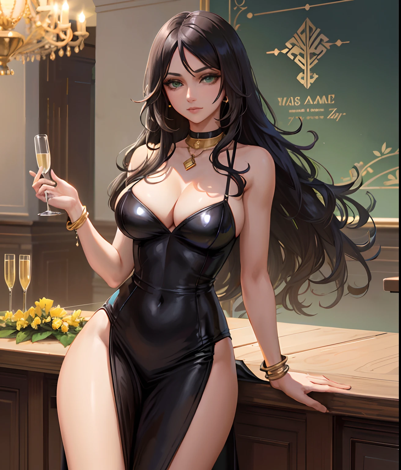 ((((A young woman))), the anime, ( Green eyes), (black hair), Nice face, ssmile, the perfect body, Wavy Hair, hairlong, (((morena))), big breastes, ((tmasterpiece, beste-Qualit)), illustartion, ультра детализированная 8k, Photorealistic, sharp-focus, higly detailed, Professional lighting, colorful details, Rainbow colors, Glowing, intricate detials, Vivid details, Business Evening, party, a glass of champagne, Business Reception, evening gown, business dress, Patent leather ball shoes, Patent leather ball shoes, Ornaments, earings, Rings, bangles, Heart-shaped pendant around the neck, A glass of champagne in hand, First Lady, First Lady Costume, Female politician