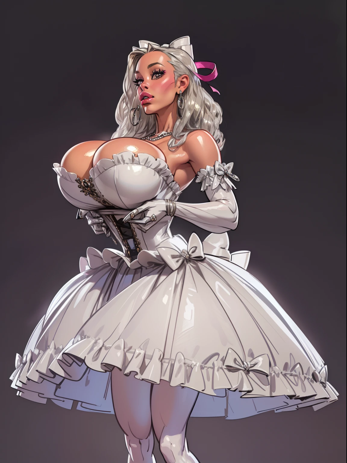 ((Cyberpunk background:1.1) John Tenniel art, frustrated Ariana Grande, silver hair, curls, wearing a stately and elaborate trixie ballgown of silver satin and silver adorned with large satin, silver futuristic ballroom gown, cybernetic mech enhancements , (((huge silver ribbon bows))), silver rosebuds, silver embroidery and jewels, (gigantic breasts:1.3) with (((enormous sulver puffed sleeves))), an hourglass waist, and a (((flat crinoline silver hoopskirt))), (((bustle))), long silver gloves, adorned with intricate metallic details, pearl and diamond necklace and earrings, large elaborately curled and styled hair