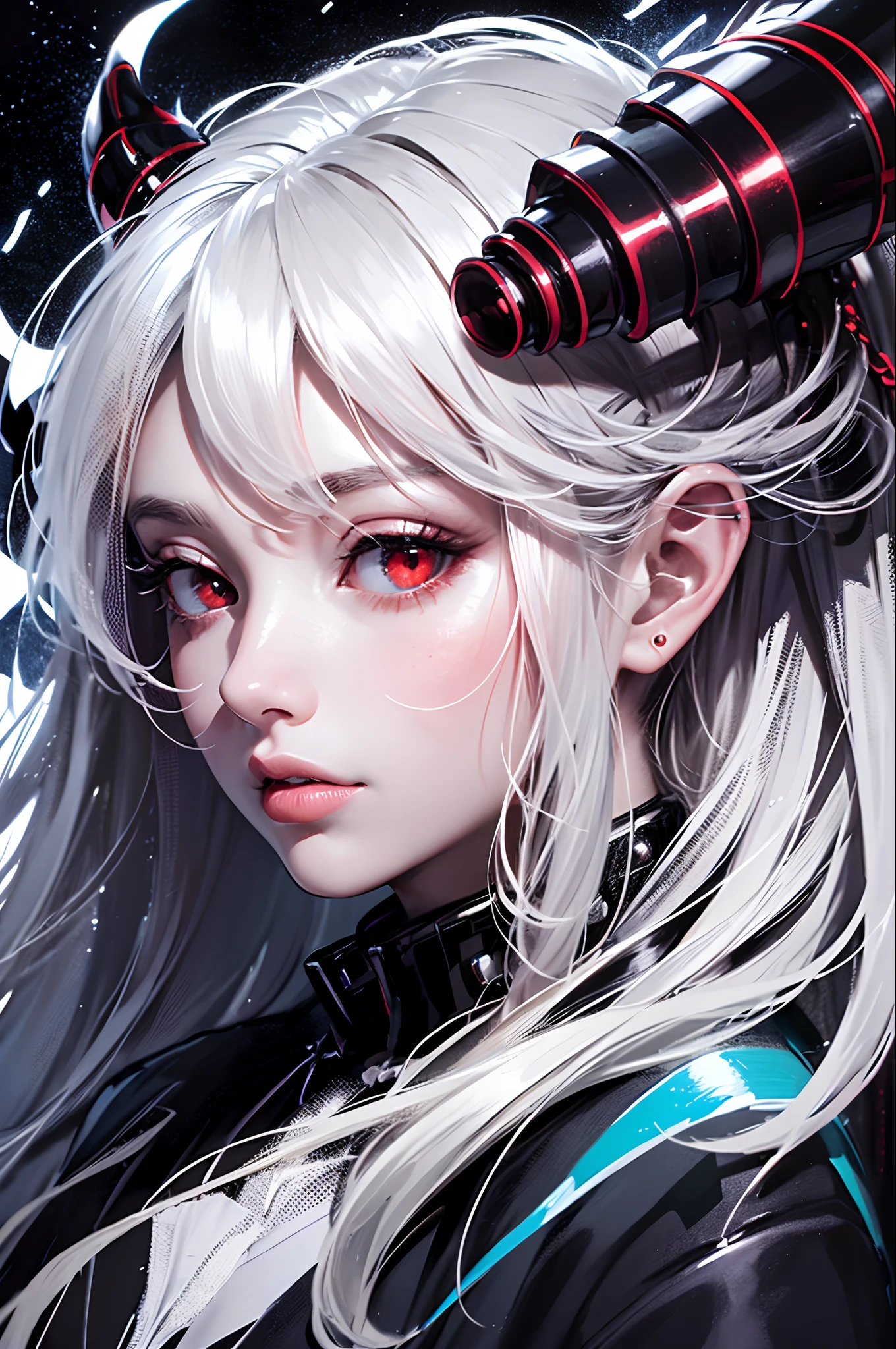 masterpiece, best quality, ultra-detailed, absurdres, colorful, 1girl, solo, (solid red eyes:1.0), (white hair, long hair, straight hair, hair over one eye:1.0), detailed eyes, wide-eyed, eyelashes, (upper body:0.8), monster girl, side view, glowing eyes, tilted head, night, black suit, pointy ears, horror, dark, black background, looking at viewer, crown, high contrast, backlighting, (standing:0.8), aura, fractal background, chaotic, spiral, demon horns, energy, mosaic, inferno