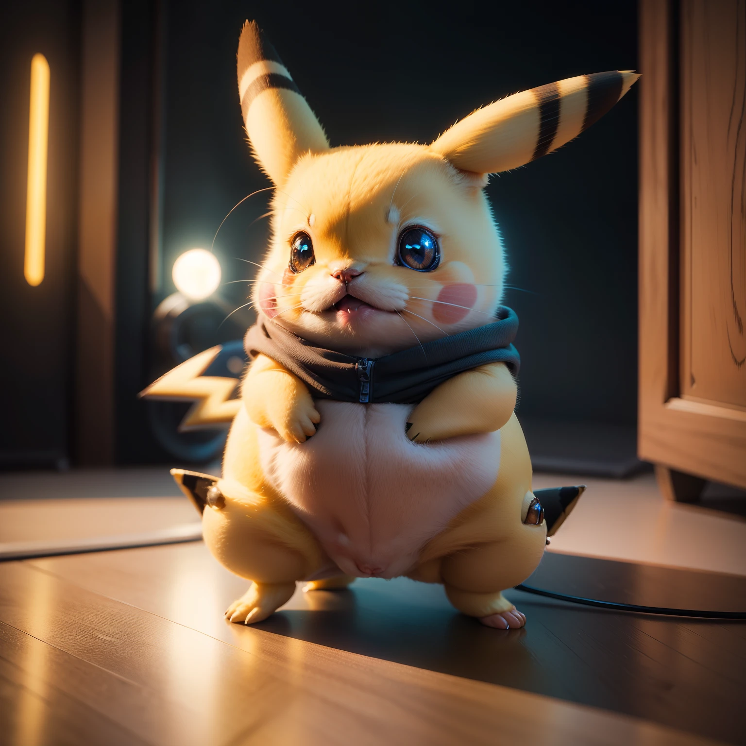 A cute realistic Pikachu, Electric atmosphere, 8k resolution, hyperdetailed, volumeric lighting, intricate high detail, composition parfaite, beau, hyperrealism, fantaisie, mignon, herbe, pokemon, photorealism