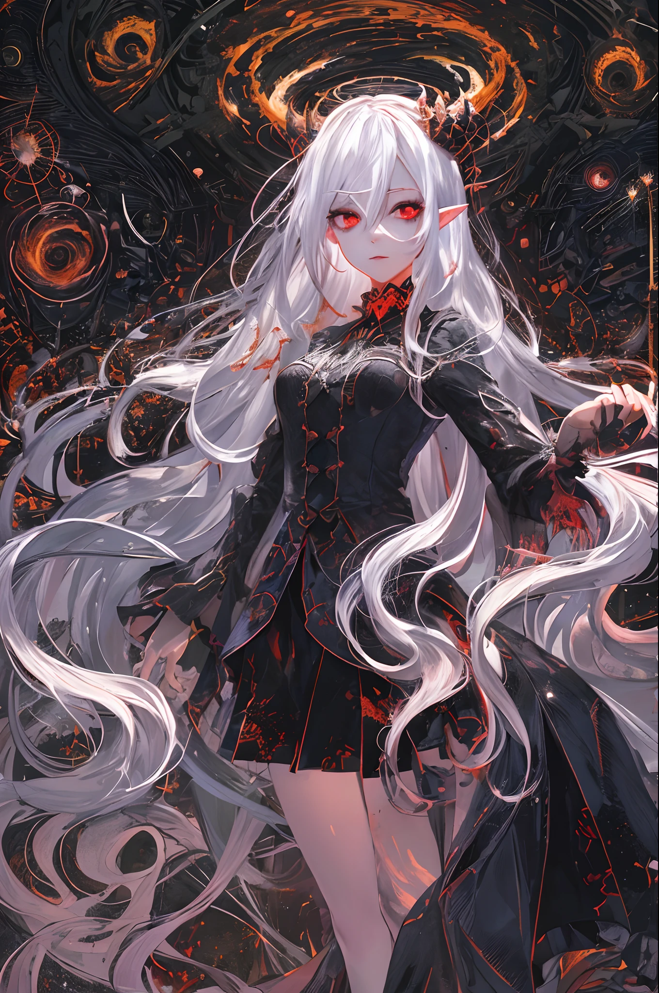 masterpiece, best quality, ultra-detailed, absurdres, colorful, 1girl, solo, (solid red eyes:1.0), (white hair, long hair, straight hair, hair over one eye:1.0), detailed eyes, wide-eyed, eyelashes, (upper body:0.8), monster girl, side view, glowing eyes, tilted head, night, black suit, pointy ears, horror, dark, black background, looking at viewer, crown, high contrast, backlighting, (standing:0.8), aura, fractal background, chaotic, spiral, demon horns, energy, mosaic, inferno