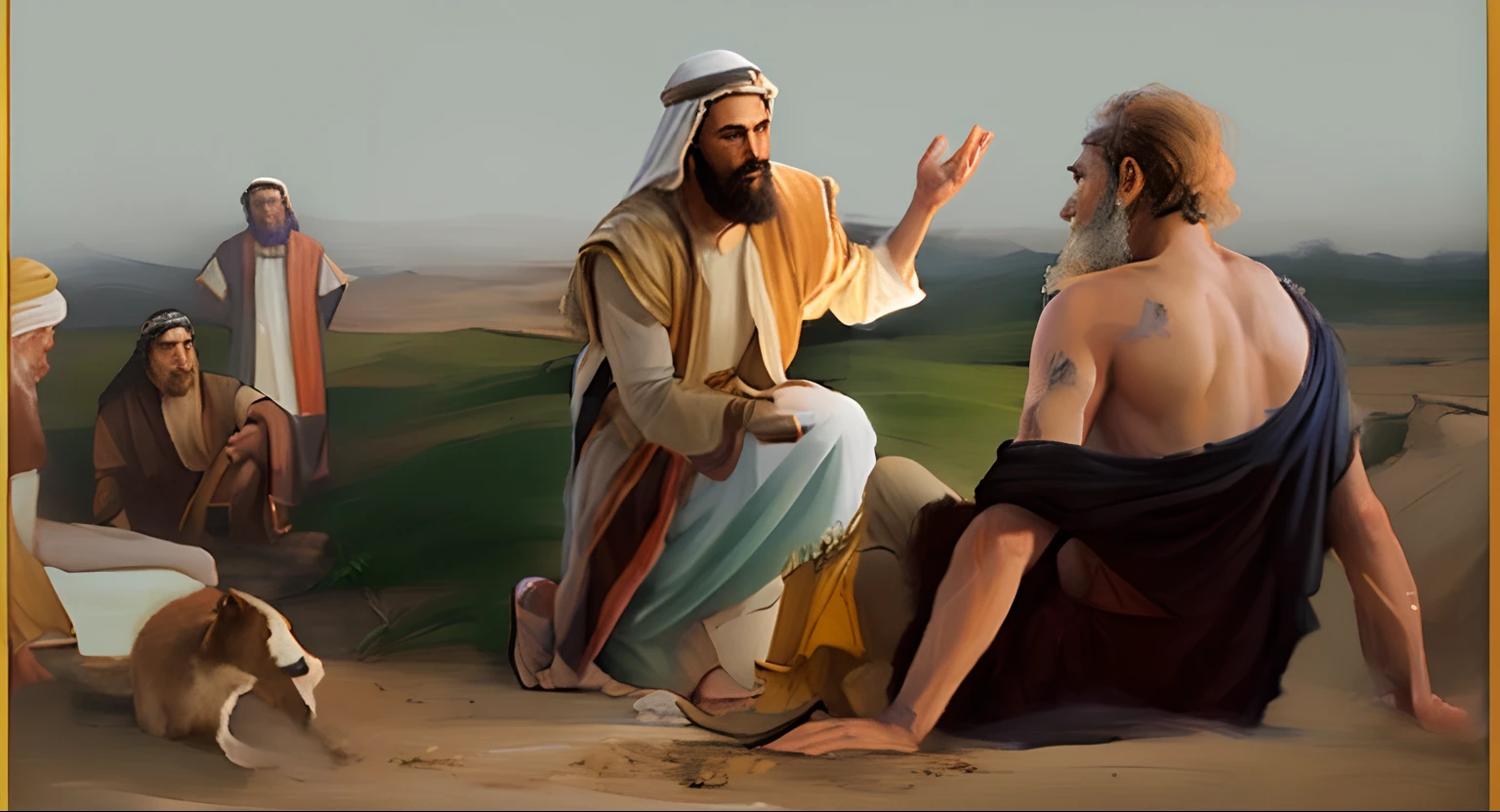 pintura de um homem sentado em uma rocha com um cachorro e outras pessoas, biblical painting, bible illustration, by senior artist, Nicodemos, beautiful depiction, Directed by: Ahmed Karahisari, Directed by: Joseph Henderson, epic biblical representation, Directed by: Joseph Raphael, Directed by: Zahari Zograf, Directed by: Edwin Georgi, biblical art style, Directed by: Abraham Begeyn