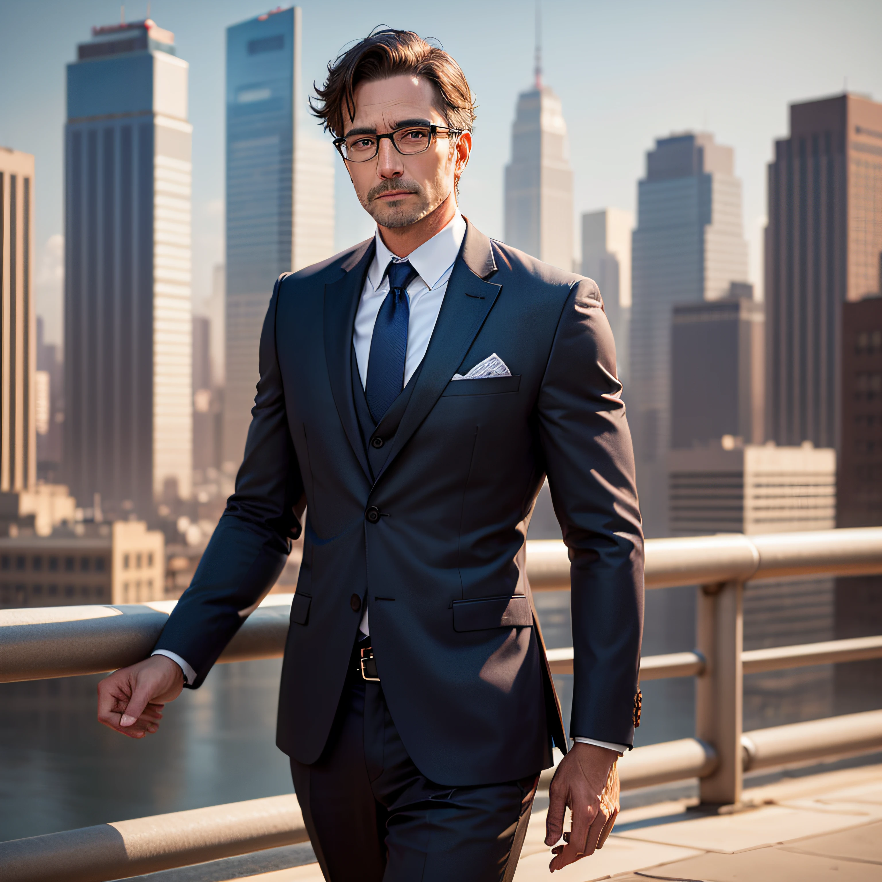 Image of a rich man in his 40s, wearing glasses, in a suit, city background