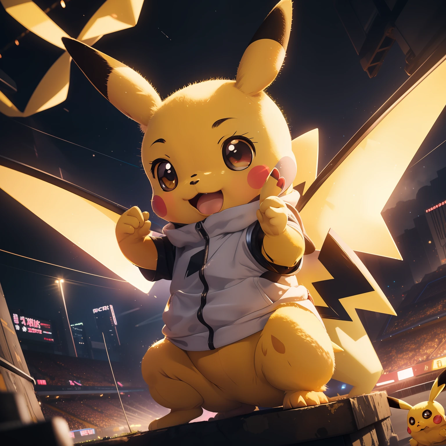 A cute realistic Pikachu, Electric atmosphere, 8k resolution, hyperdetailed, volumeric lighting, intricate high detail, composition parfaite, beau, hyperrealism, fantaisie, mignon, herbe, pokemon, photorealism