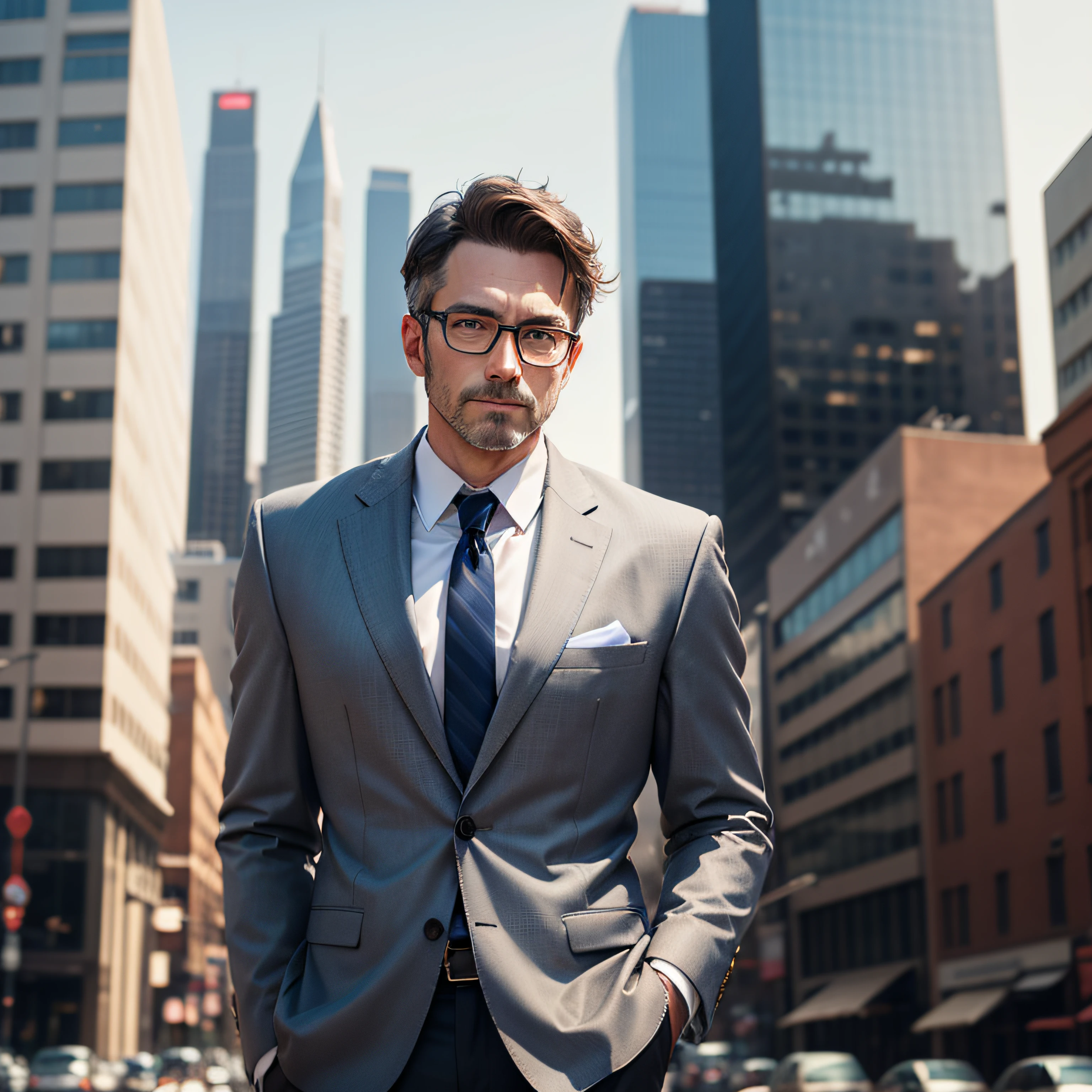 Image of a rich man in his 40s, wearing glasses, in a suit, city background