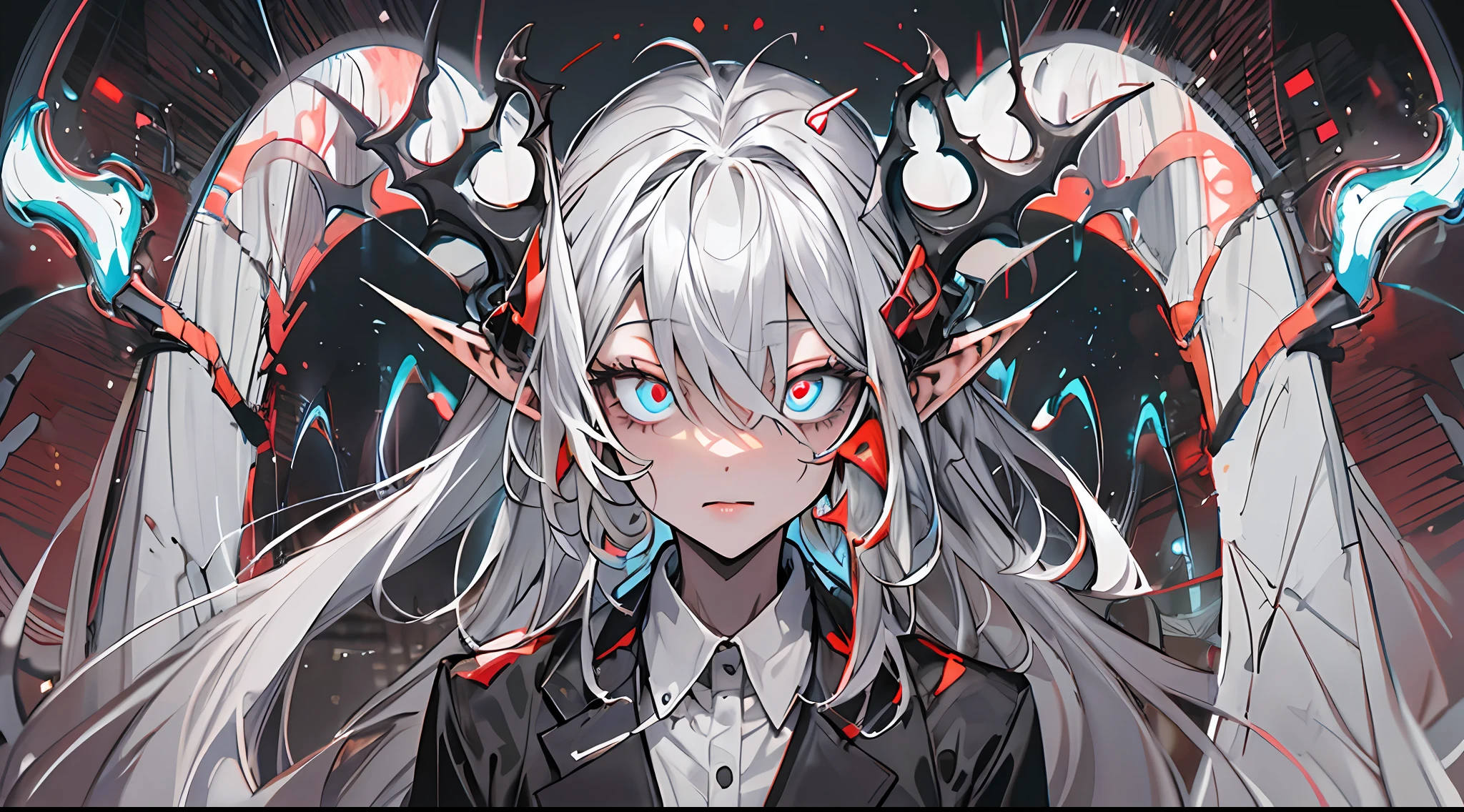 masterpiece, best quality, ultra-detailed, absurdres, colorful, 1girl, solo, (solid red eyes:1.0), (white hair, long hair, straight hair, hair over one eye:1.0), detailed eyes, wide-eyed, eyelashes, (upper body:0.8), monster girl, side view, glowing eyes, tilted head, night, black suit, pointy ears, horror, dark, black background, looking at viewer, crown, high contrast, backlighting, (standing:0.8), aura, fractal background, chaotic, spiral, demon horns, energy, mosaic, inferno