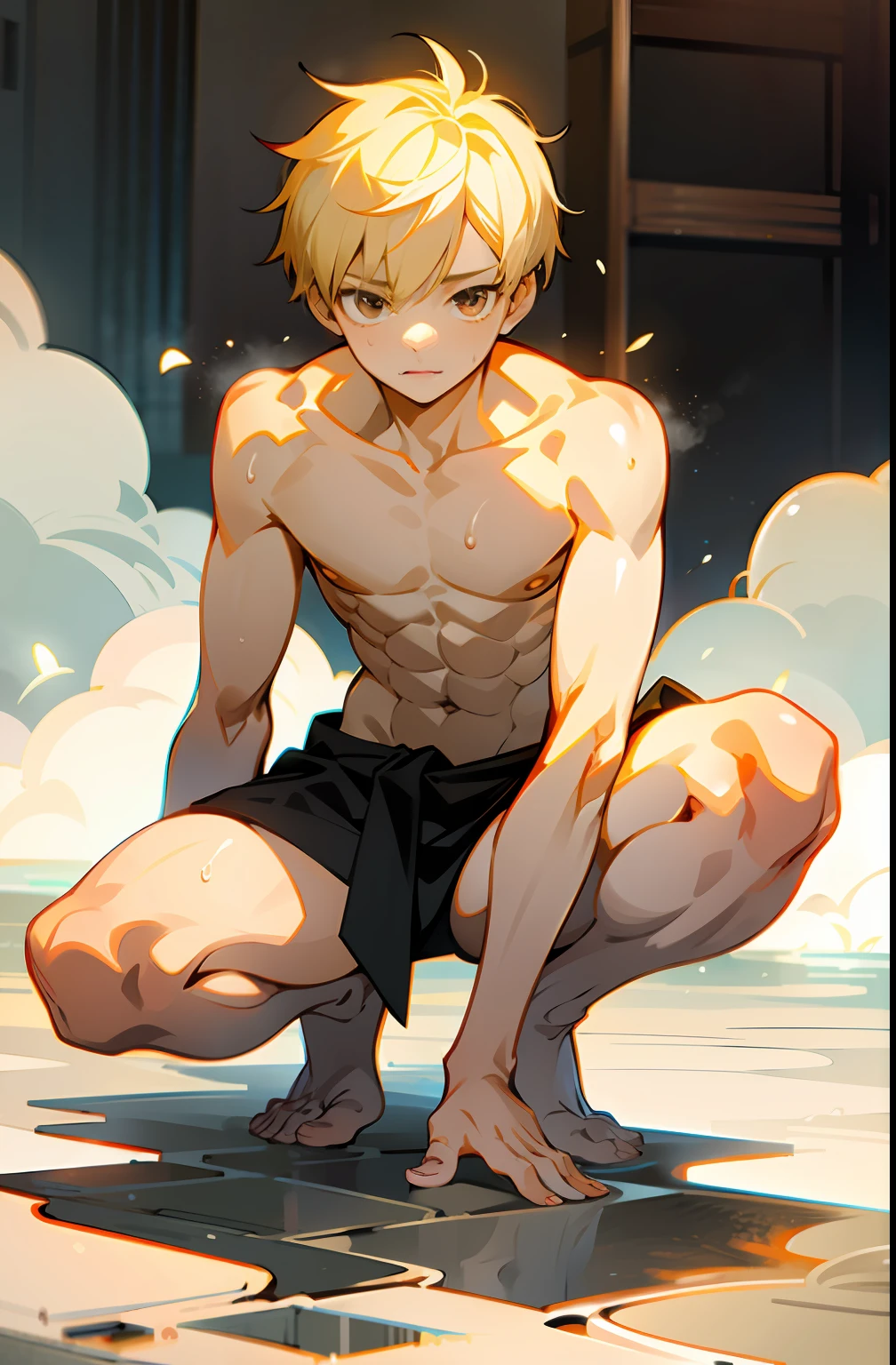 masterpiece, best quality, high quality,  1boy,, , duo, male focus, full body, looking at viewer, light yellow hair, brown eye,spiky hairstyle, short hair, steam smork, japan style,  anime coloring, shy, home muji style, detailed face, topless, white towel on waist,white silk, outdoor, sweat, open legs, hand put on knee